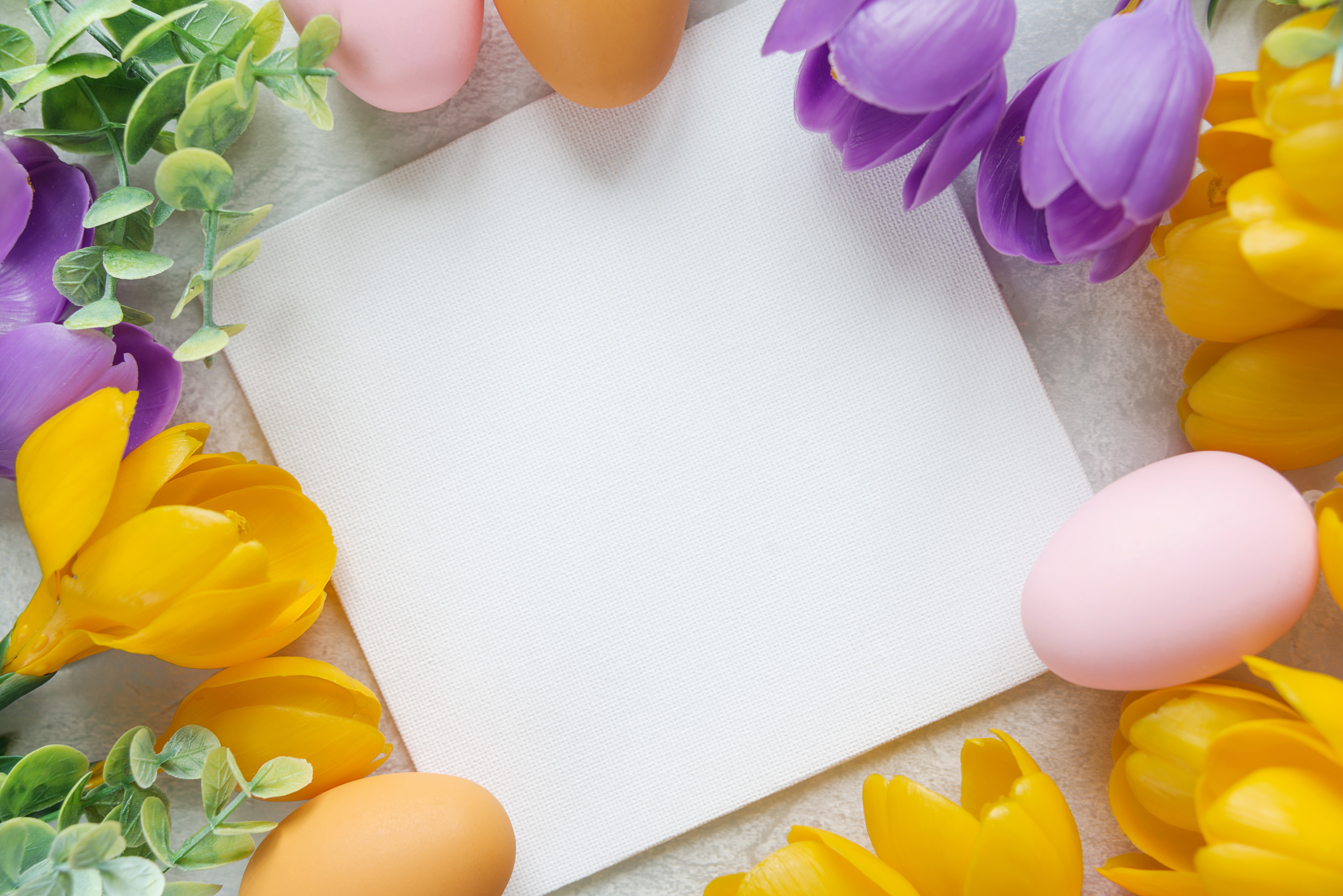 Easter eggs and flowers with a blank card HD Wallpaper