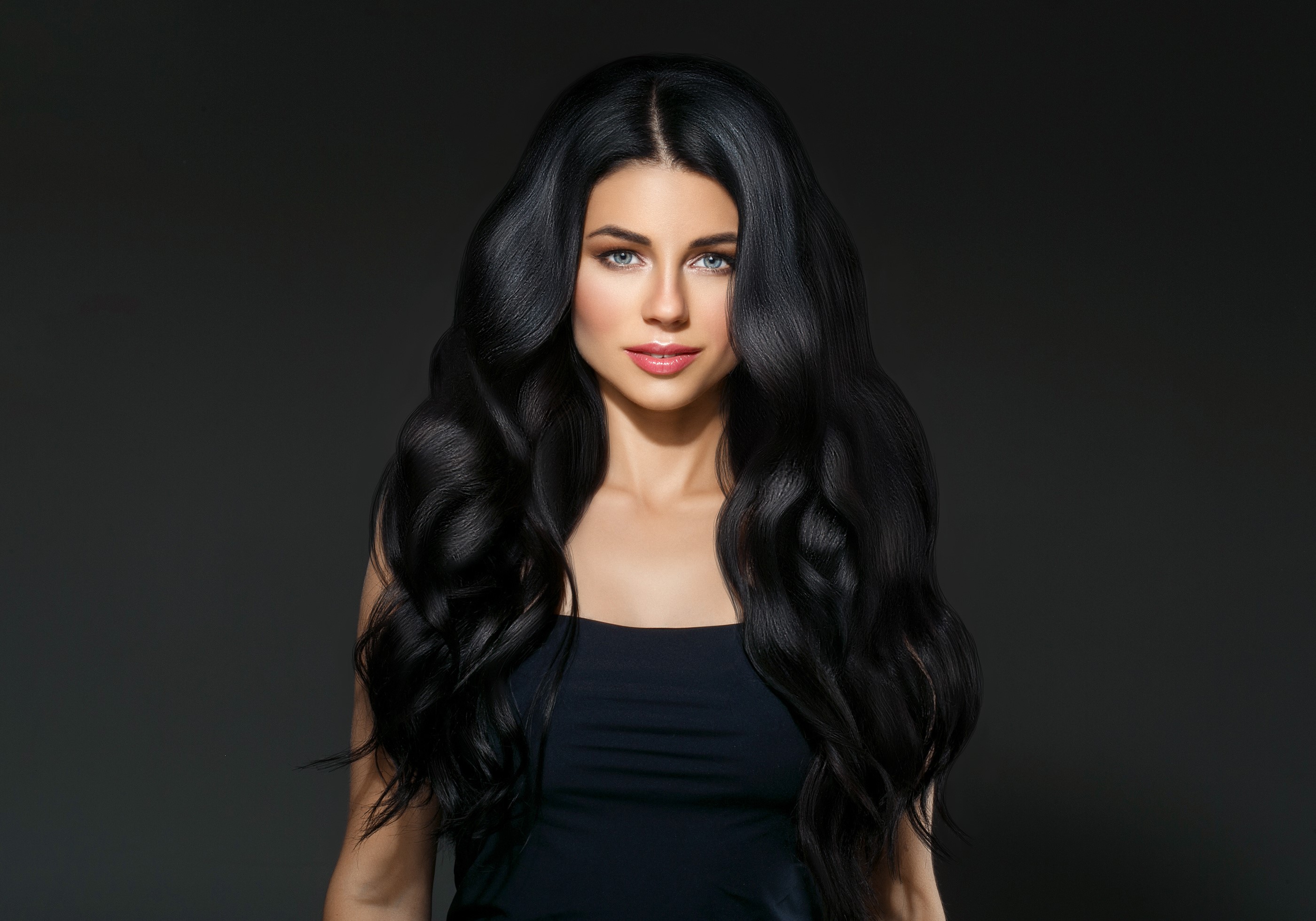 Brunette woman with long wavy black hair HD Wallpaper
