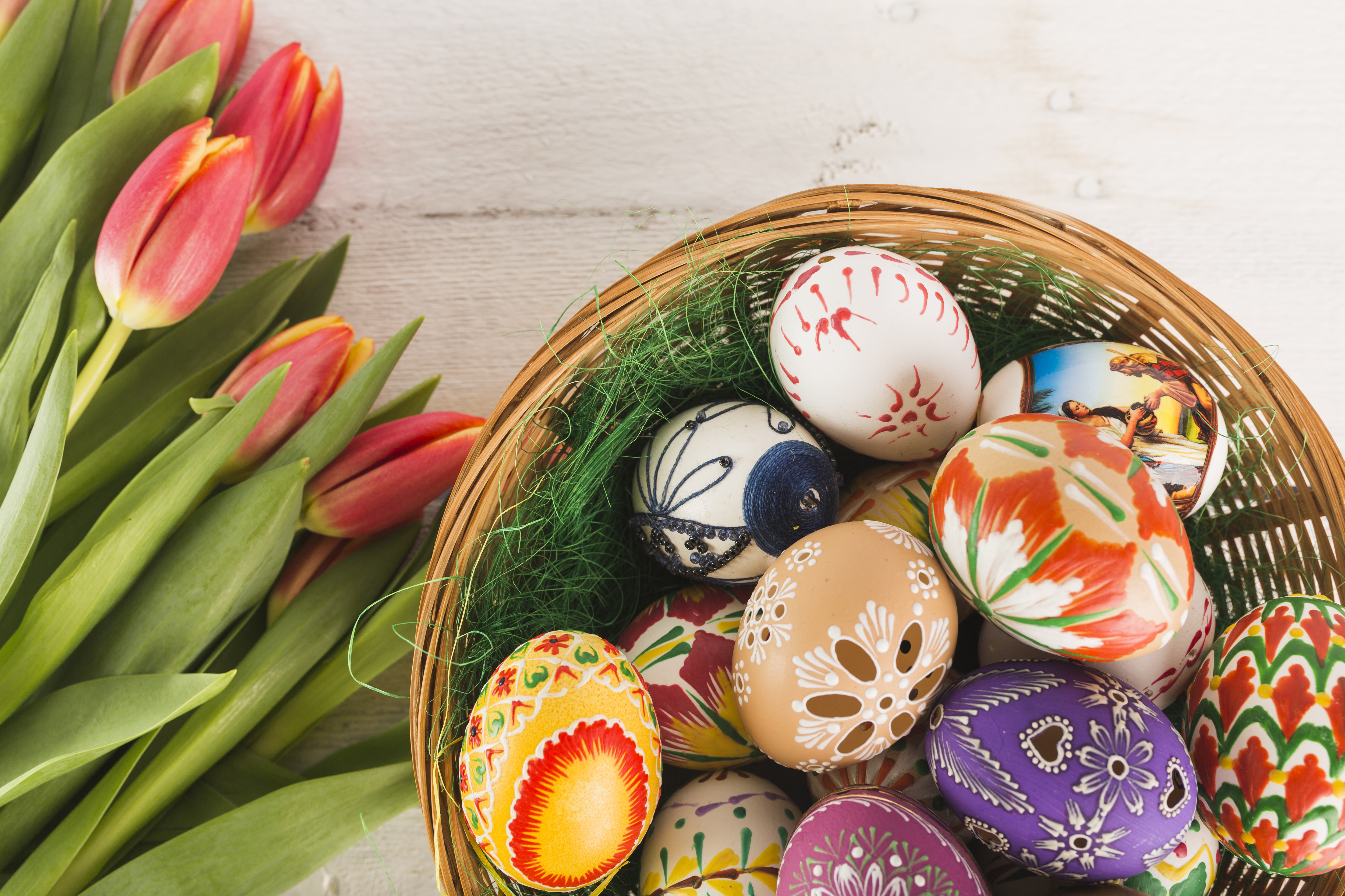 Easter Eggs in a Basket with Tulips HD Wallpaper