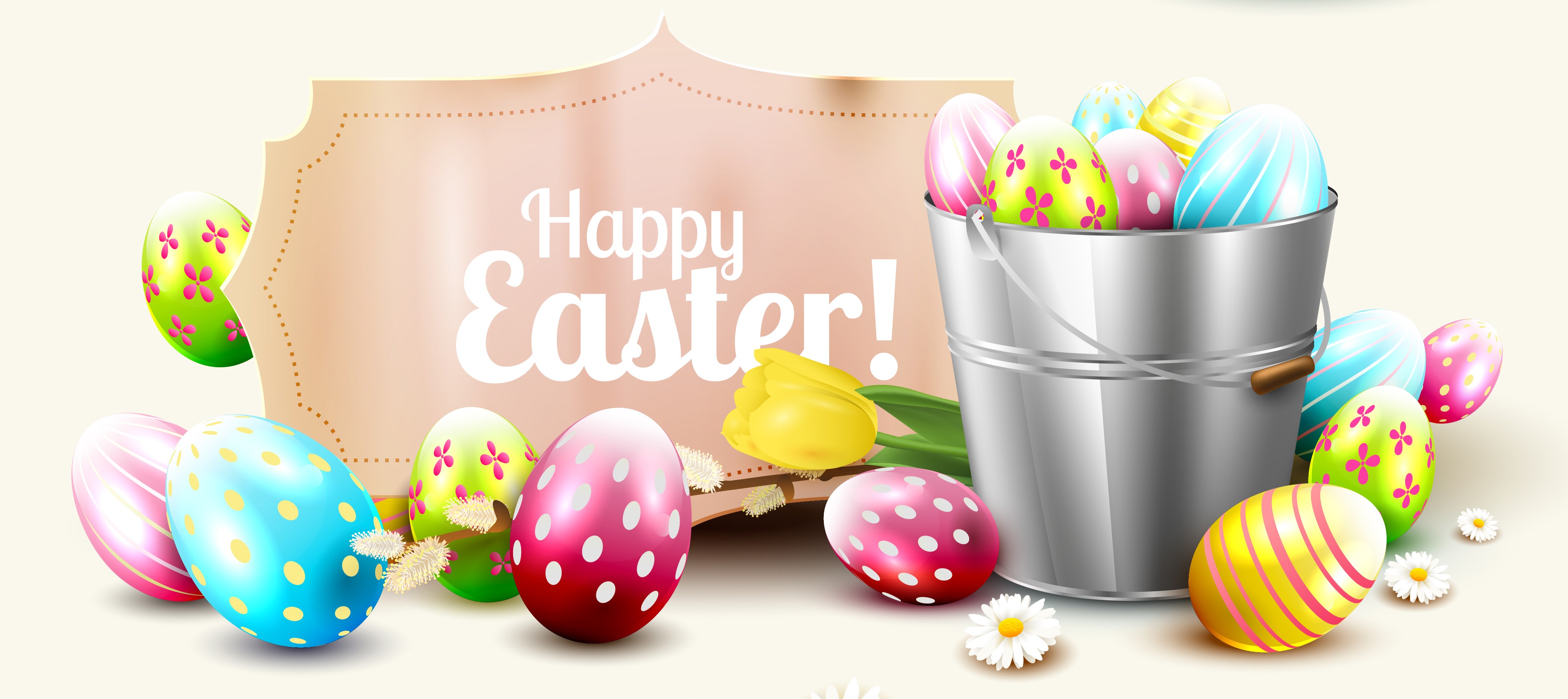 Happy Easter Eggs in Bucket with Tulip HD Wallpaper