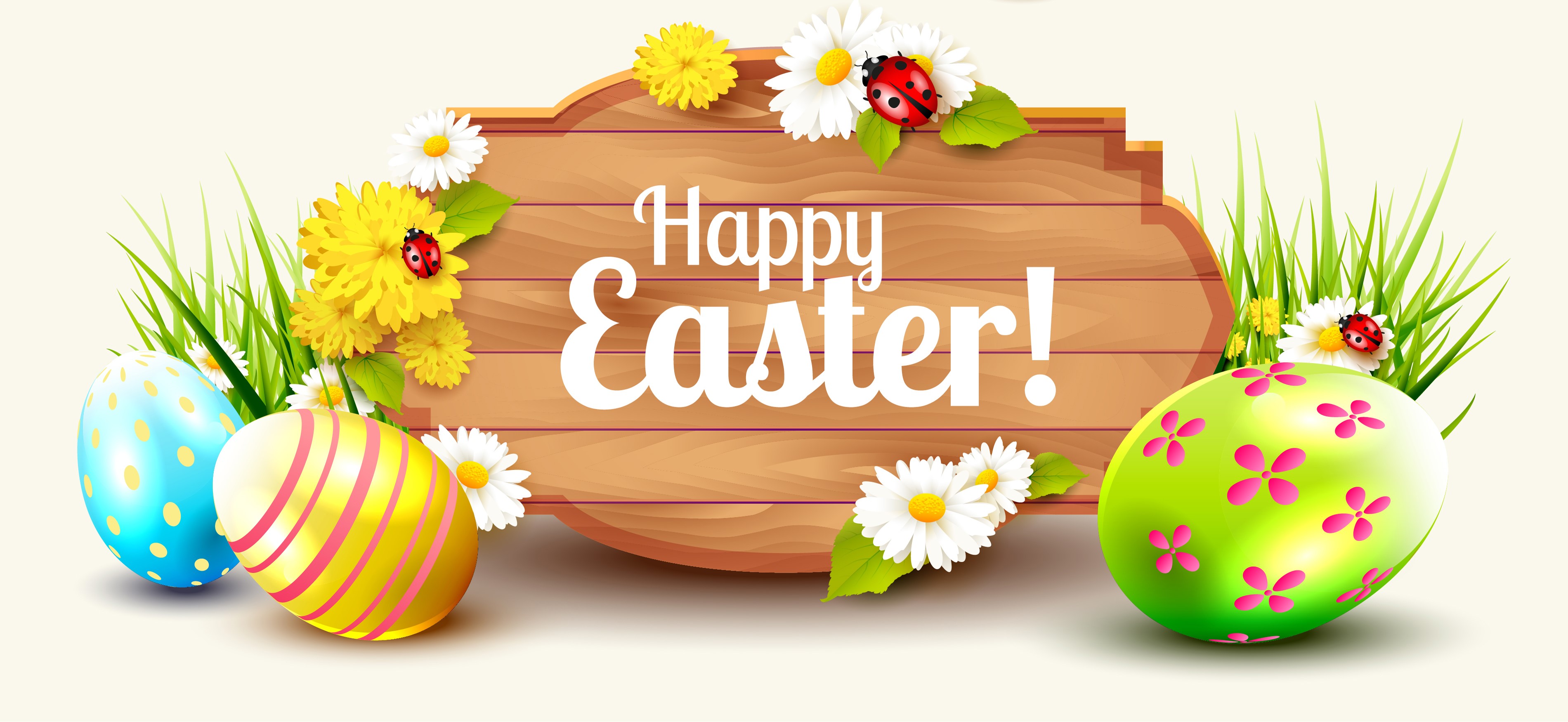 Happy Easter wooden sign with decorated eggs and flowers HD Wallpaper