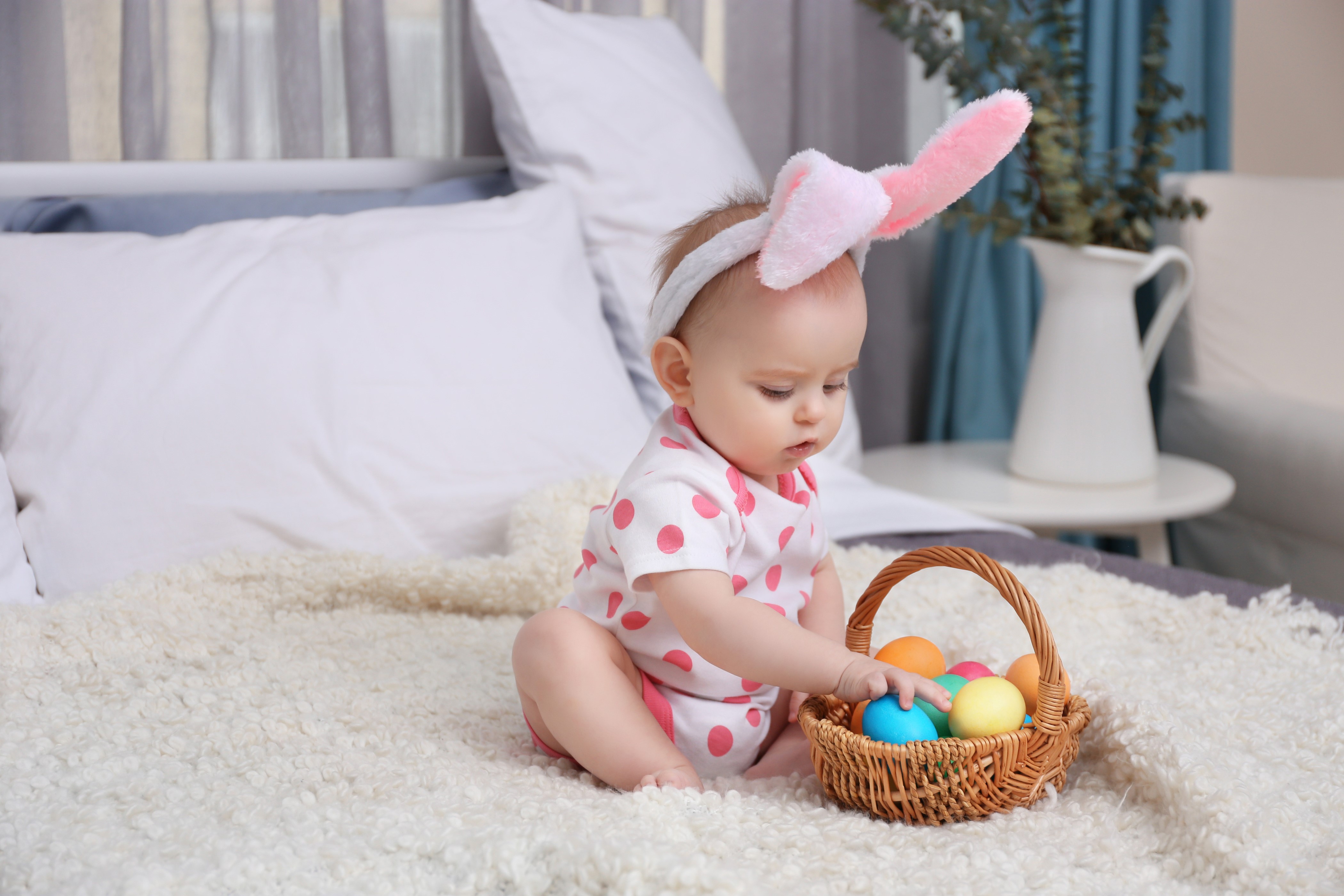 Baby with Easter Eggs in Wicker Basket HD Wallpaper