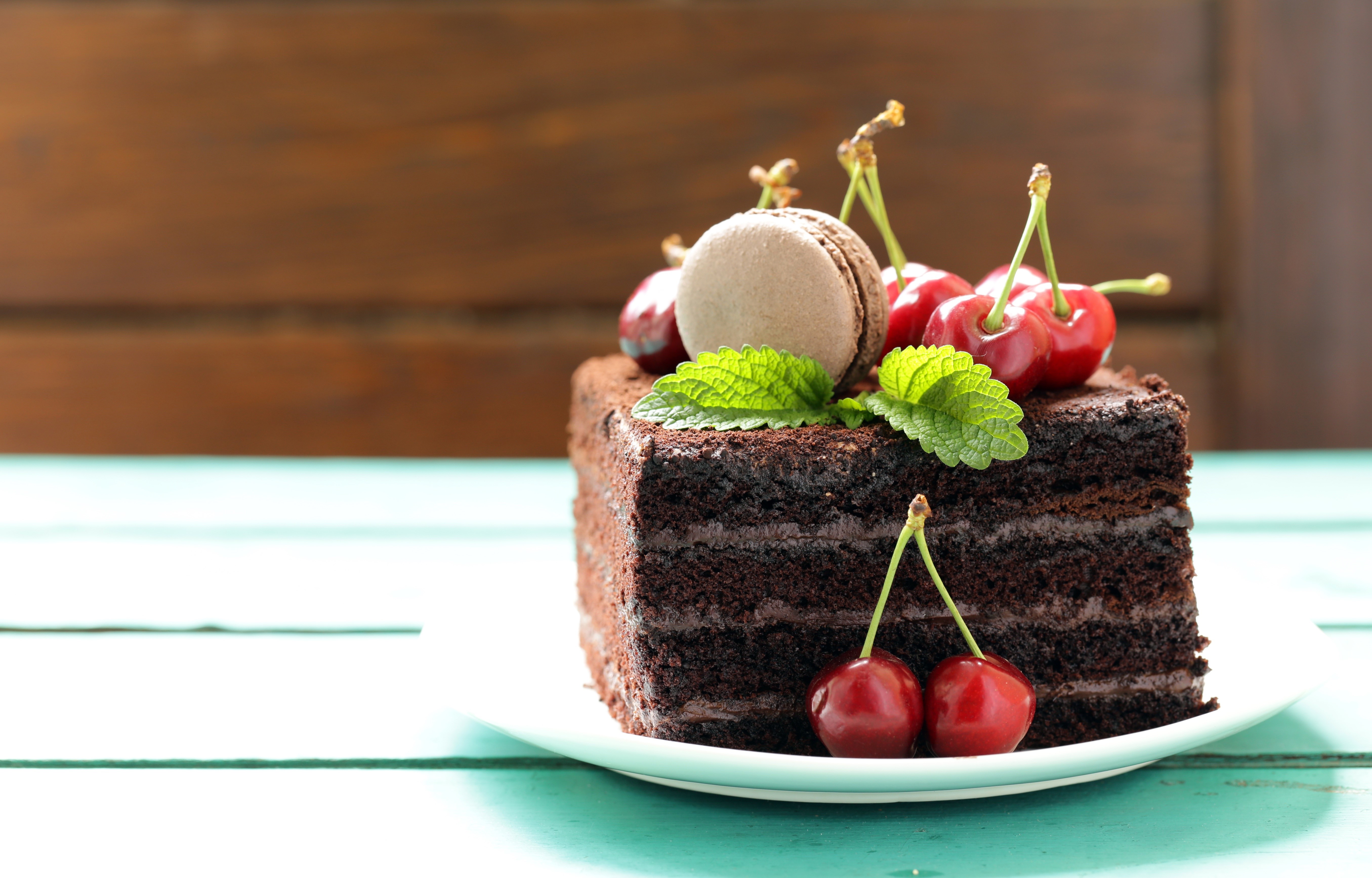 Chocolate cake with cherries and macaron HD Wallpaper