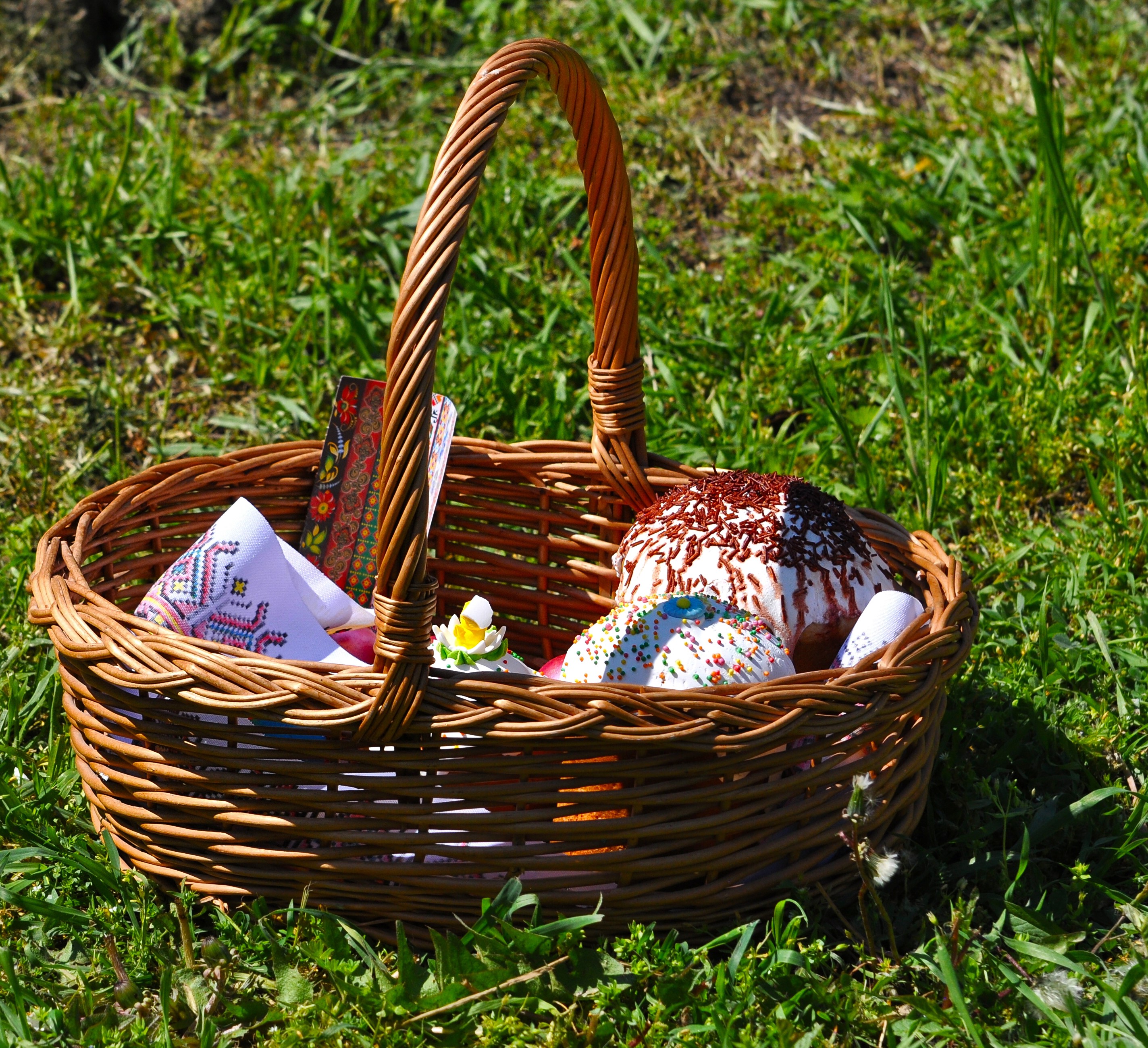 Easter basket with Kulich and embroidered cloth on grass HD Wallpaper