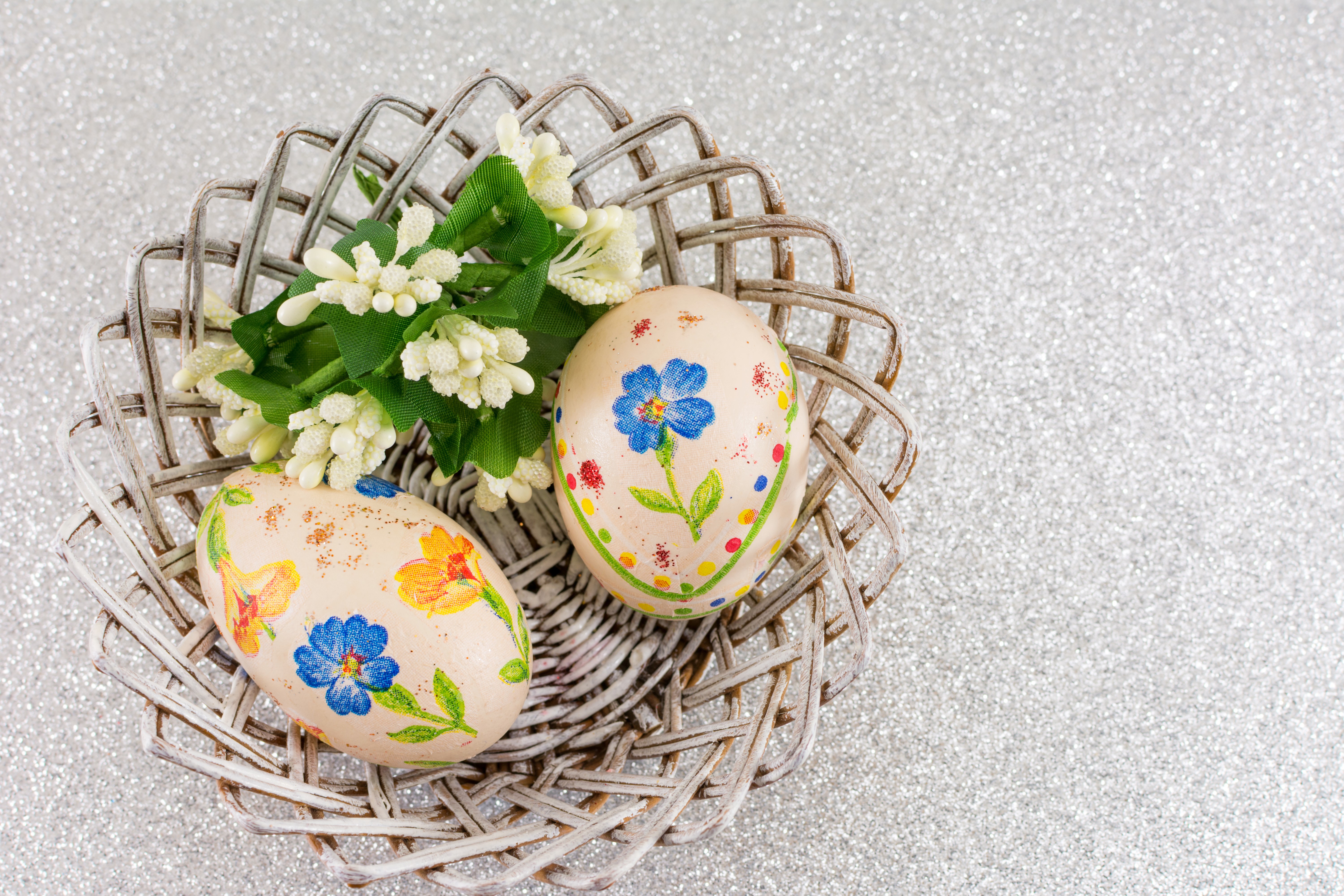 Easter Eggs in a Basket with Flowers HD Wallpaper