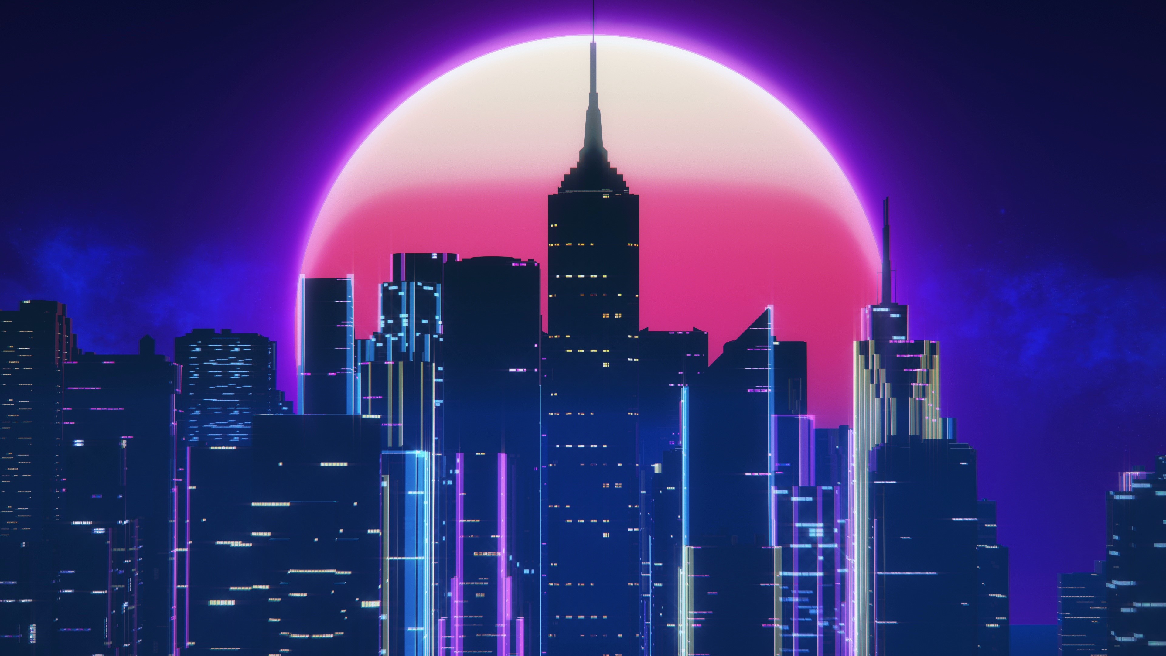 Synthwave Cityscape with Large Moon HD Wallpaper