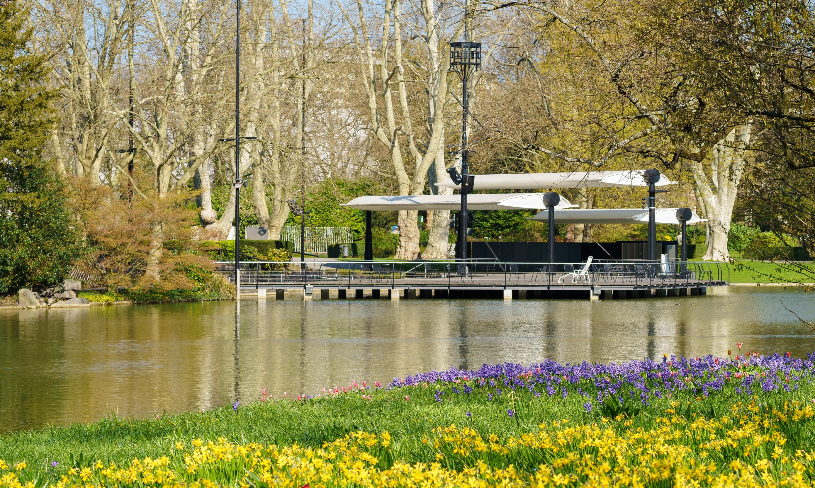 Park with pond and flowers in Karlsruhe, Germany HD Wallpaper