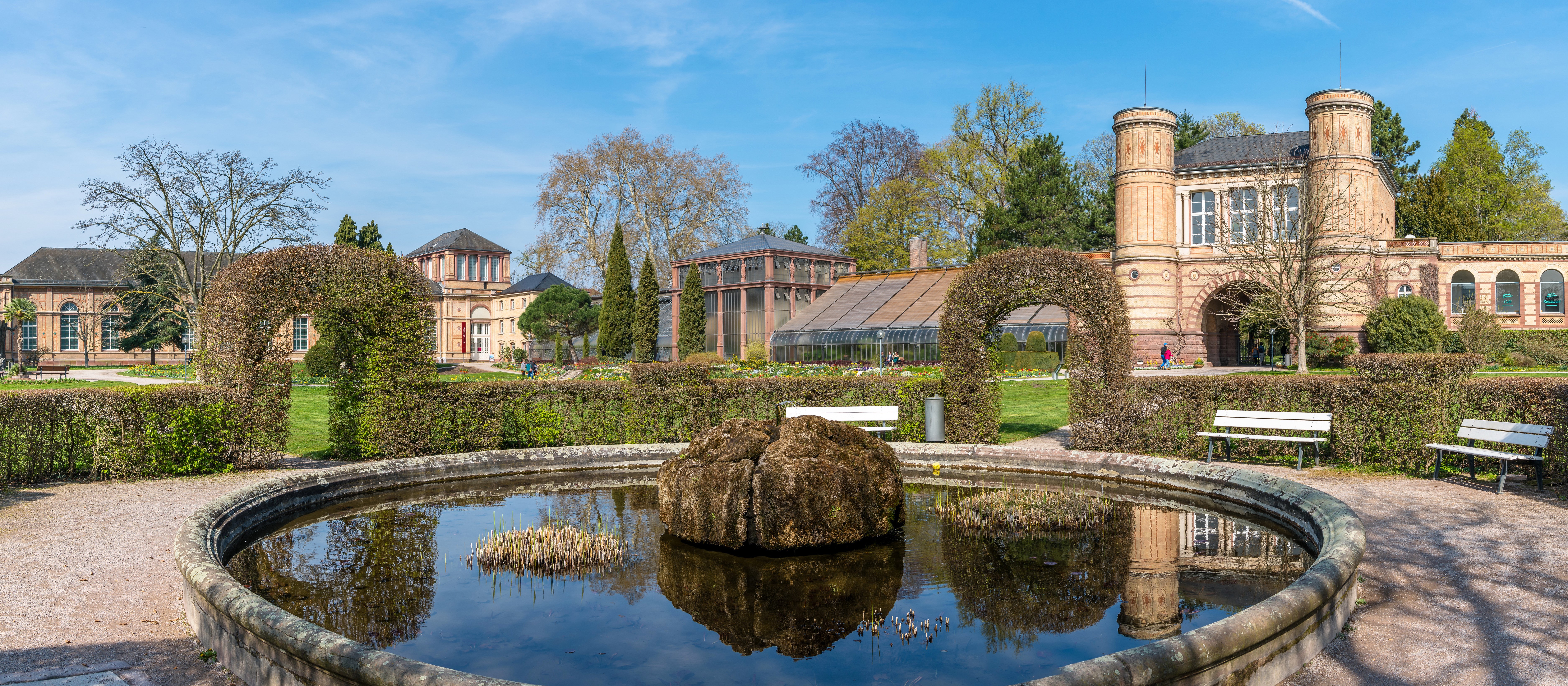 Botanischer Garten Karlsruhe, Germany with Fountain and Buildings HD Wallpaper