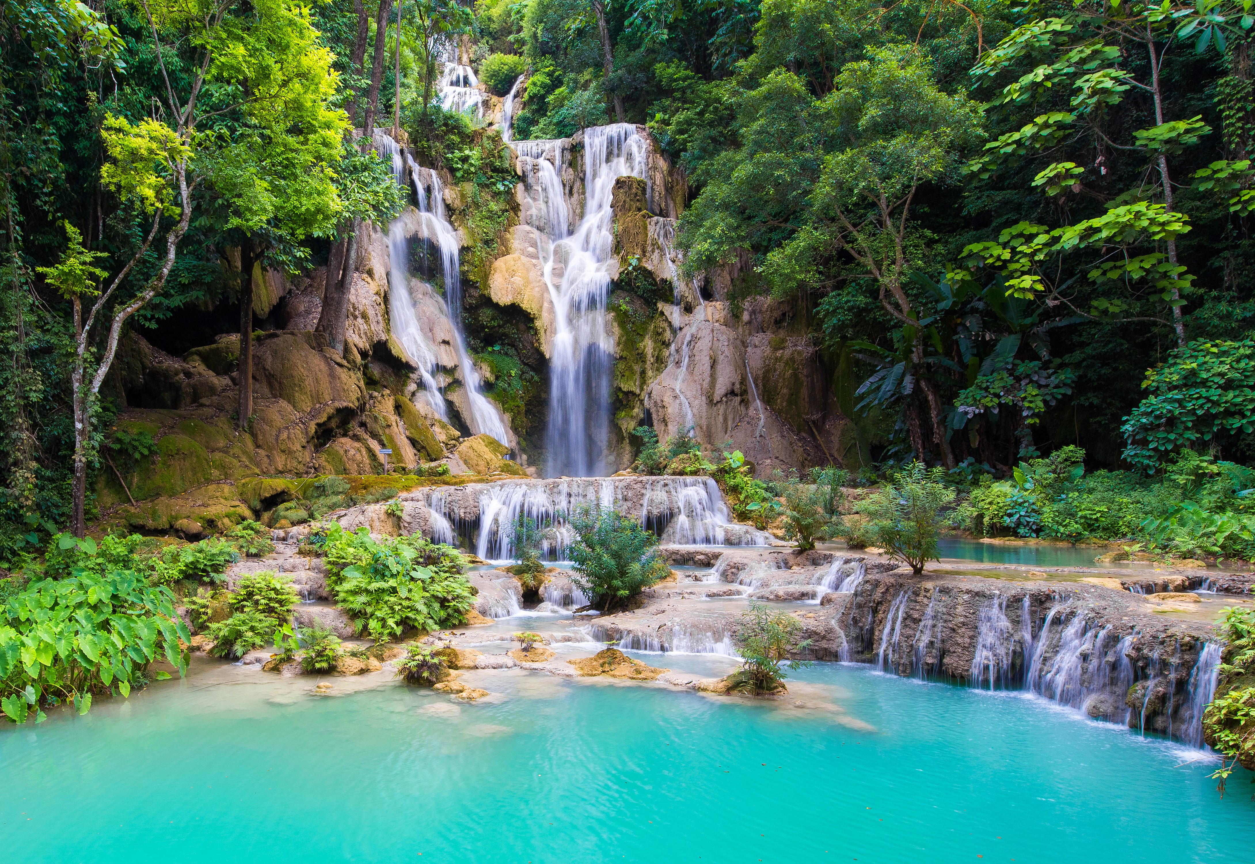 4K Kouangxi Waterfall in Lush Laos Jungle HD Wallpaper
