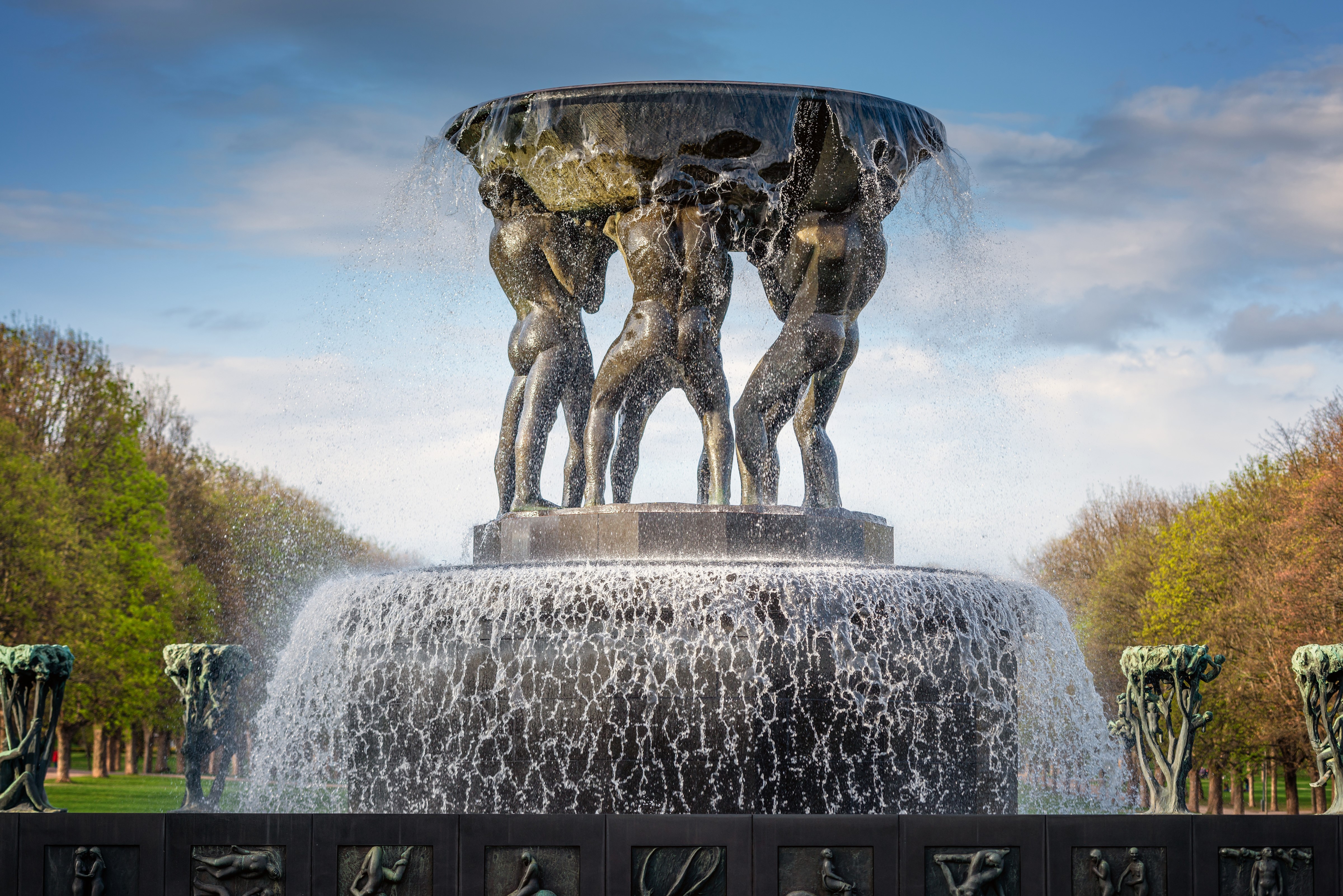 Fountain with sculptures in Vigeland Park, Oslo, Norway HD Wallpaper