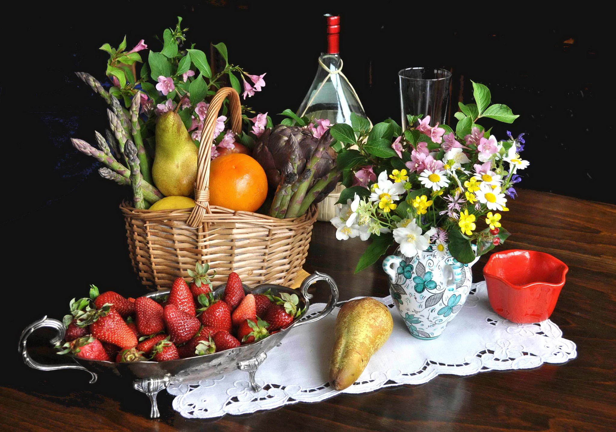 Still-life with fruits, flowers, and wine bottle HD Wallpaper
