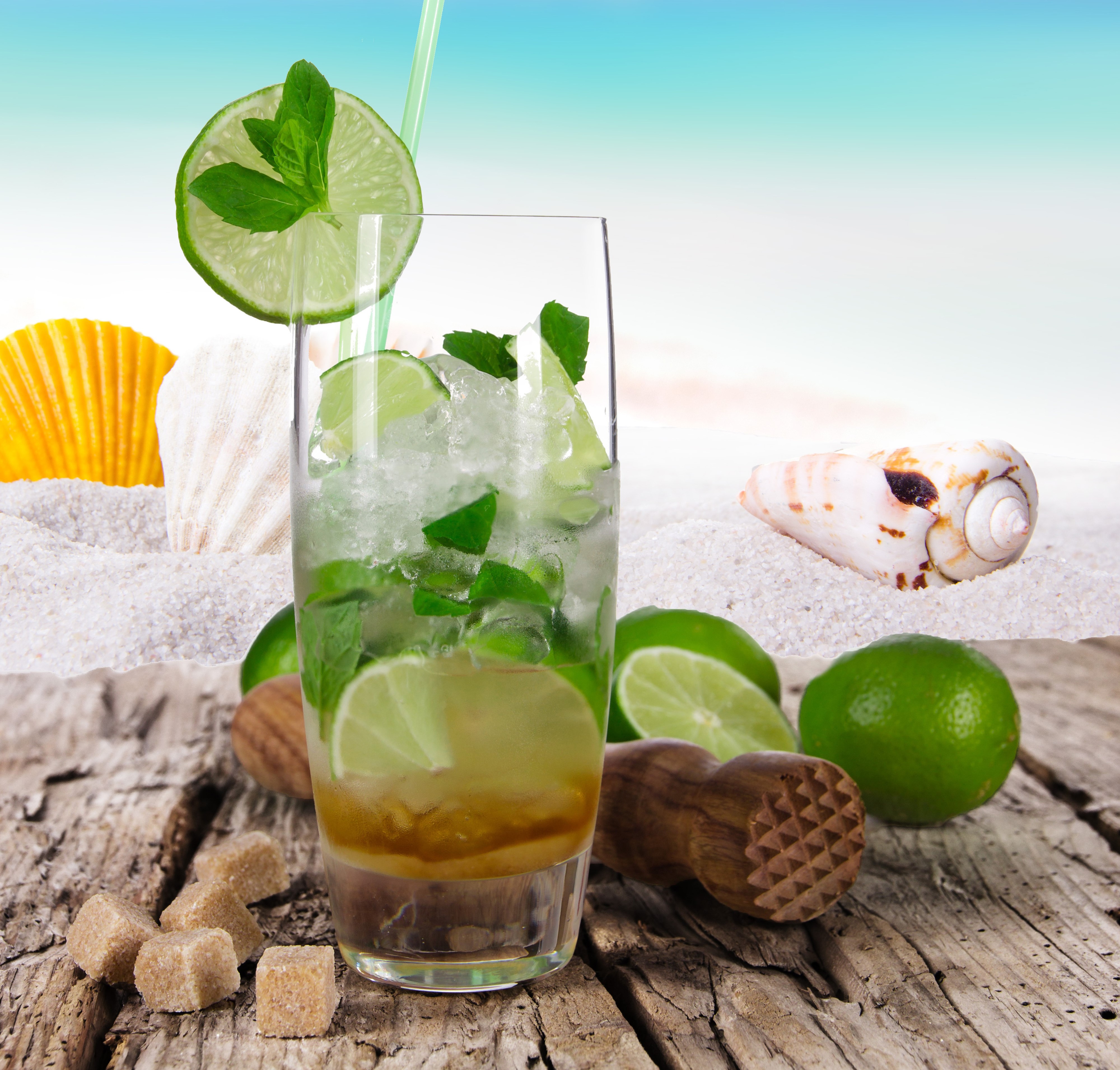 Mojito cocktail with limes and sugar on wood planks HD Wallpaper