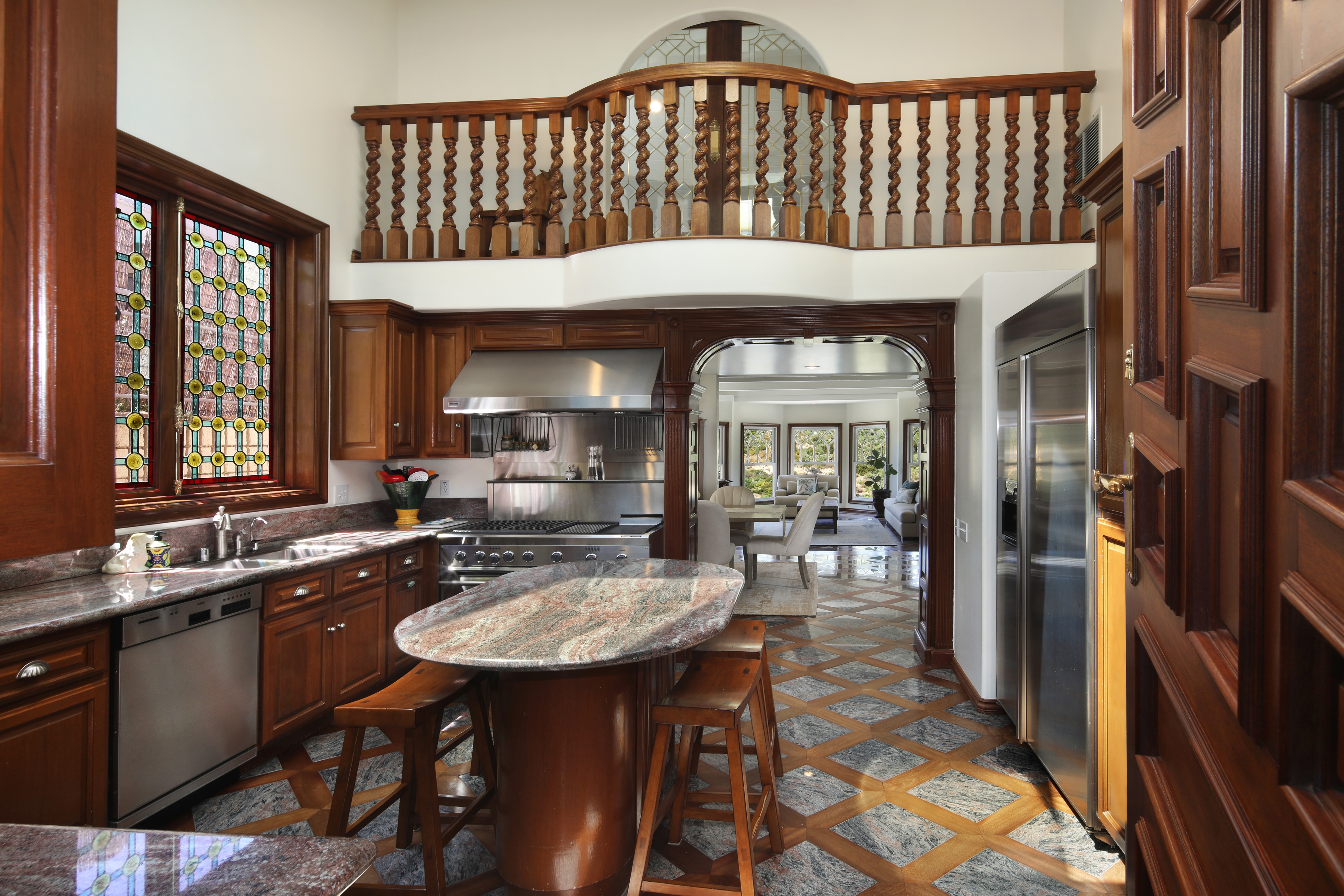 Luxury Kitchen with Stained Glass Window and Balcony HD Wallpaper