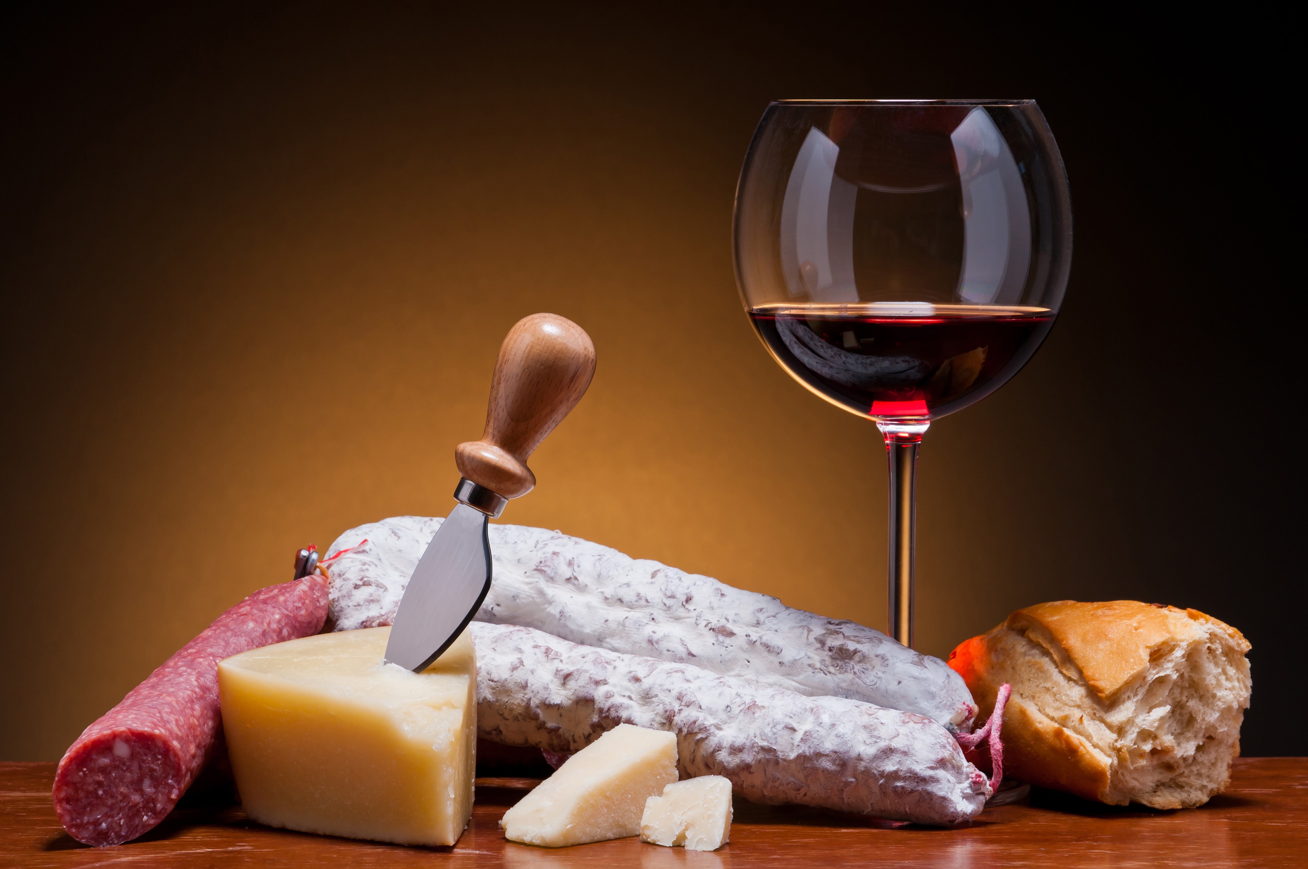 Sausage, Cheese, Bread, and Wine with Knife HD Wallpaper