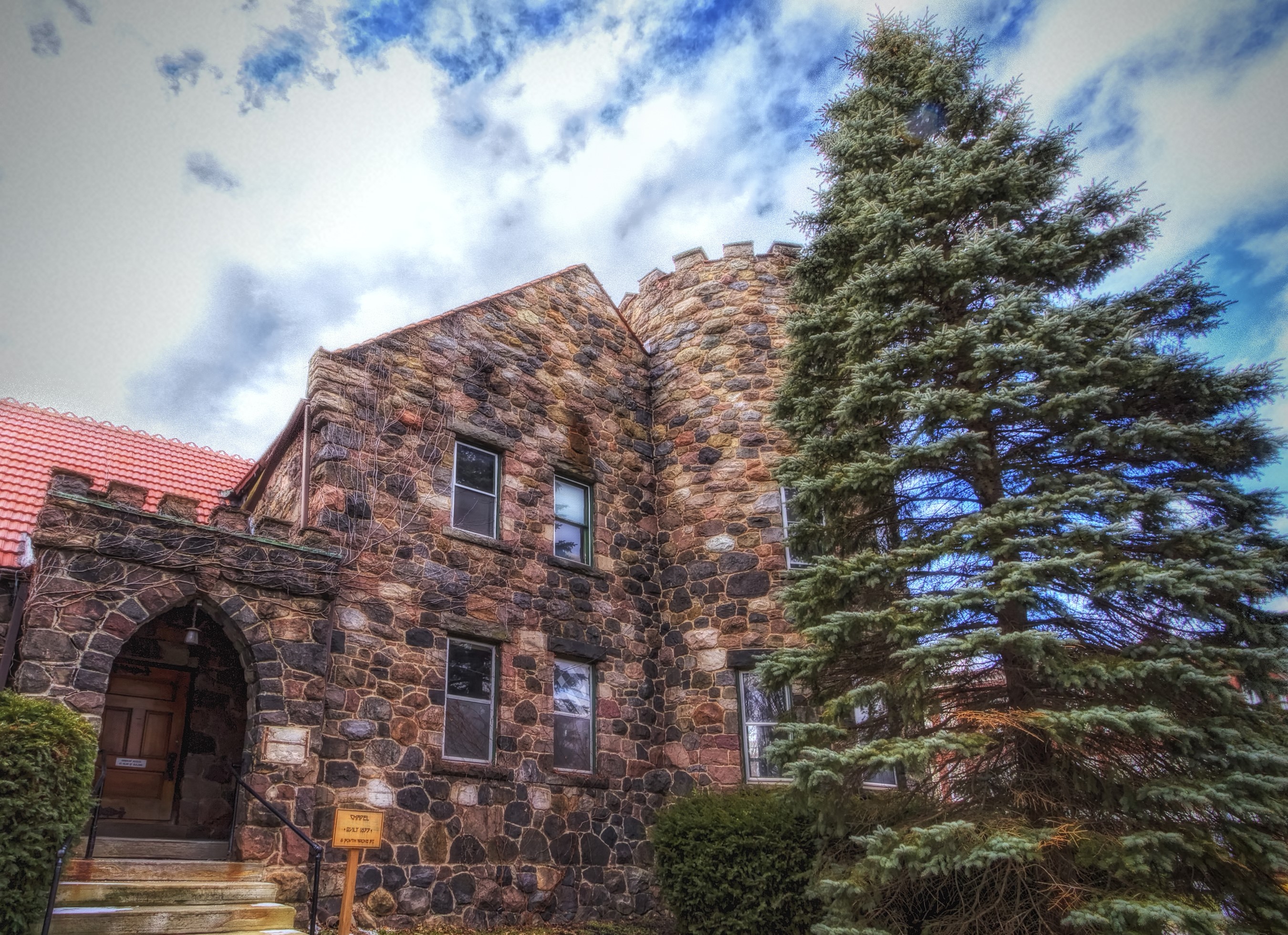 Stone Castle-like House with Spruce Tree HD Wallpaper
