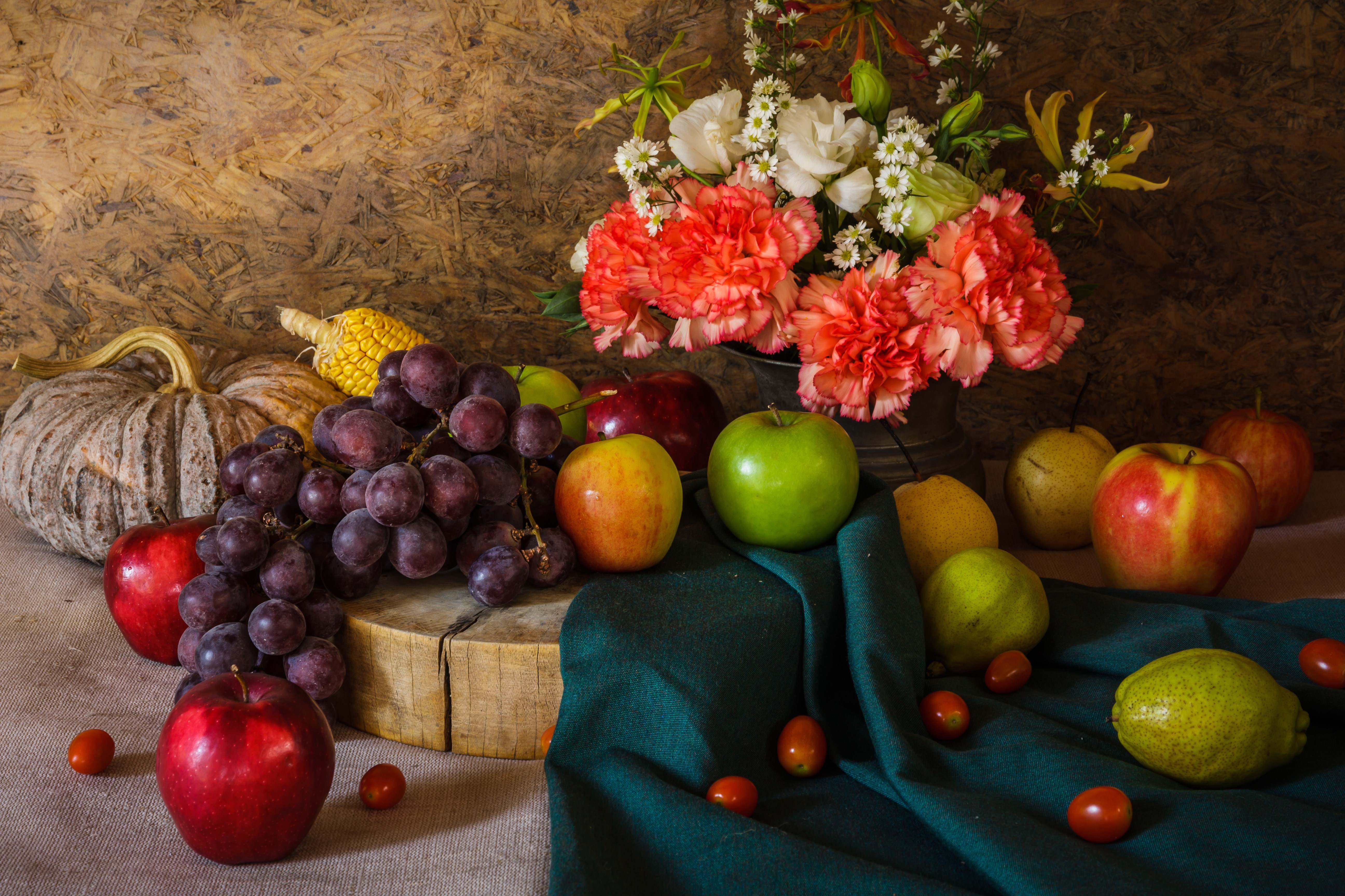 Still-life with Grapes, Apples, Carnations, and Pumpkins HD Wallpaper