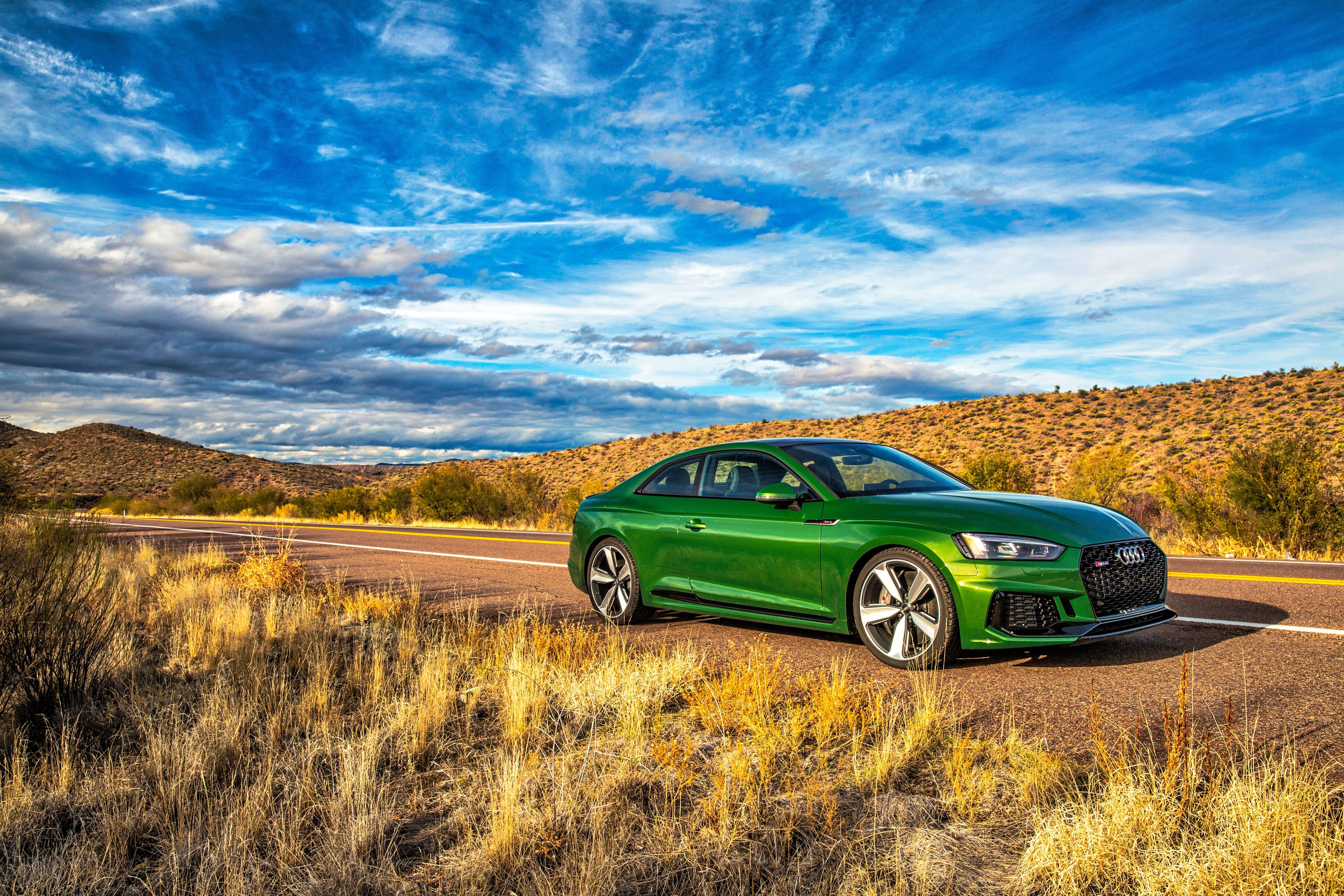 Green Audi RS 5 Coupe on a Desert Road HD Wallpaper