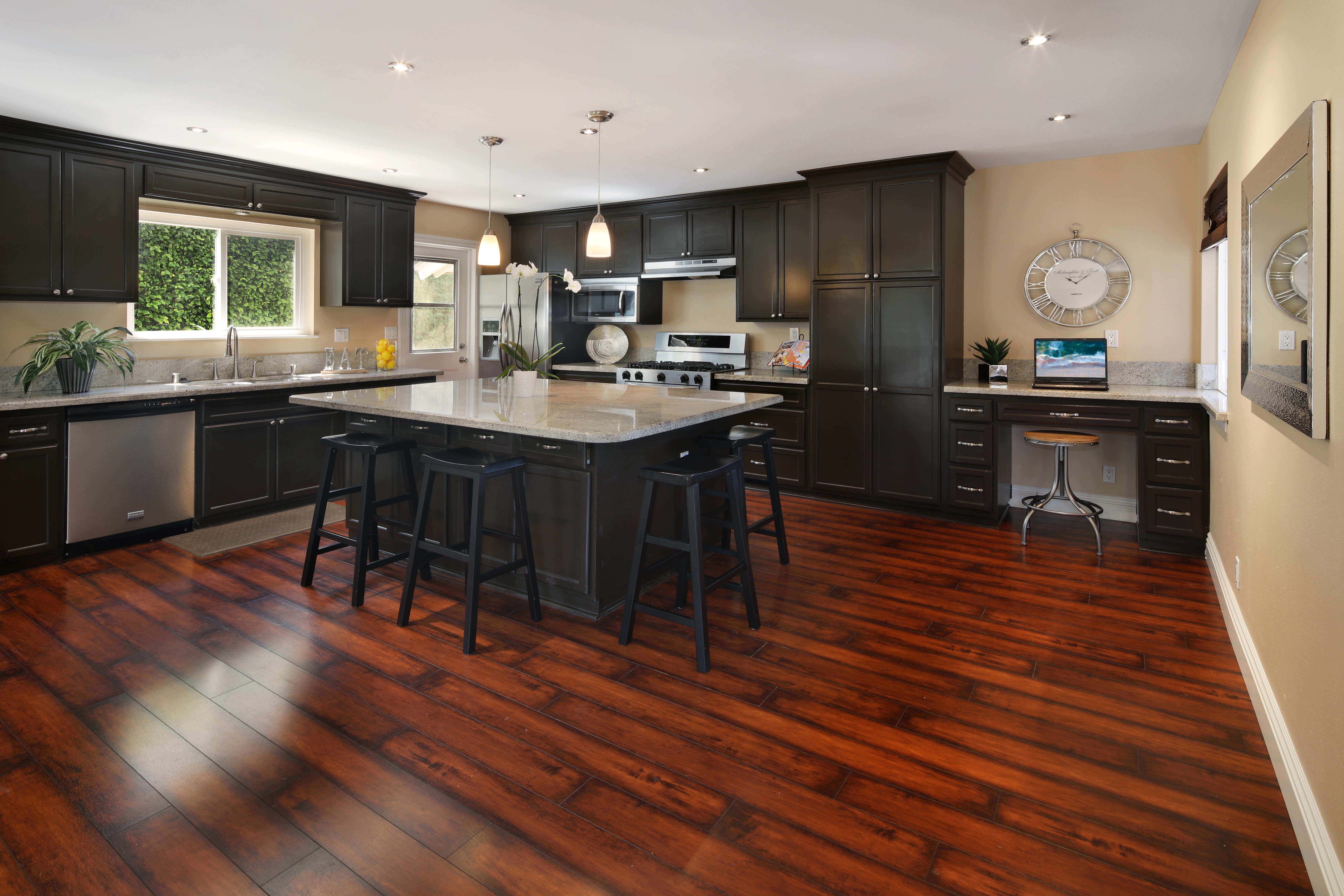 Modern Kitchen with Island and Desk Area HD Wallpaper