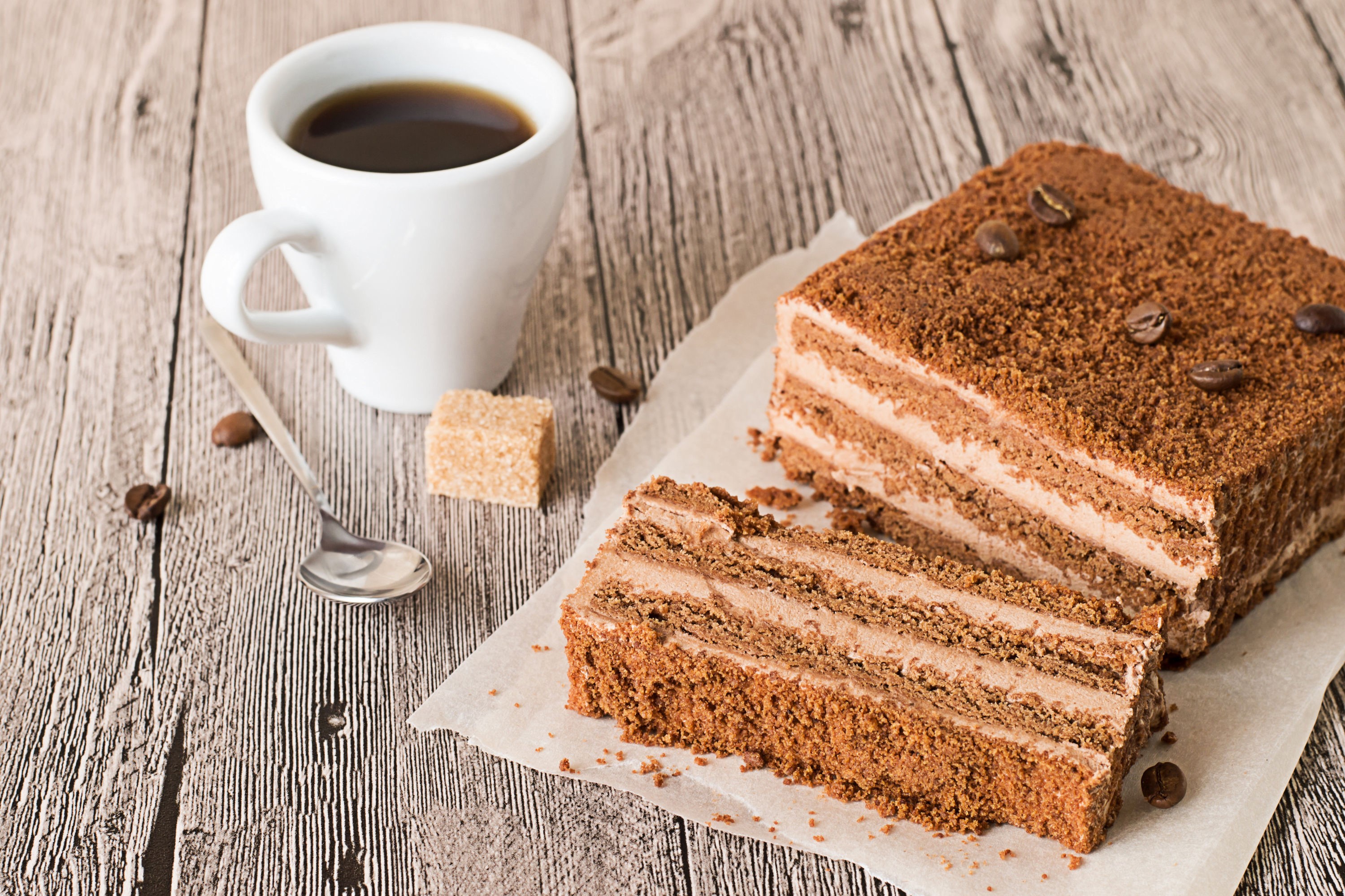 Chocolate cake with coffee and sugar cube HD Wallpaper