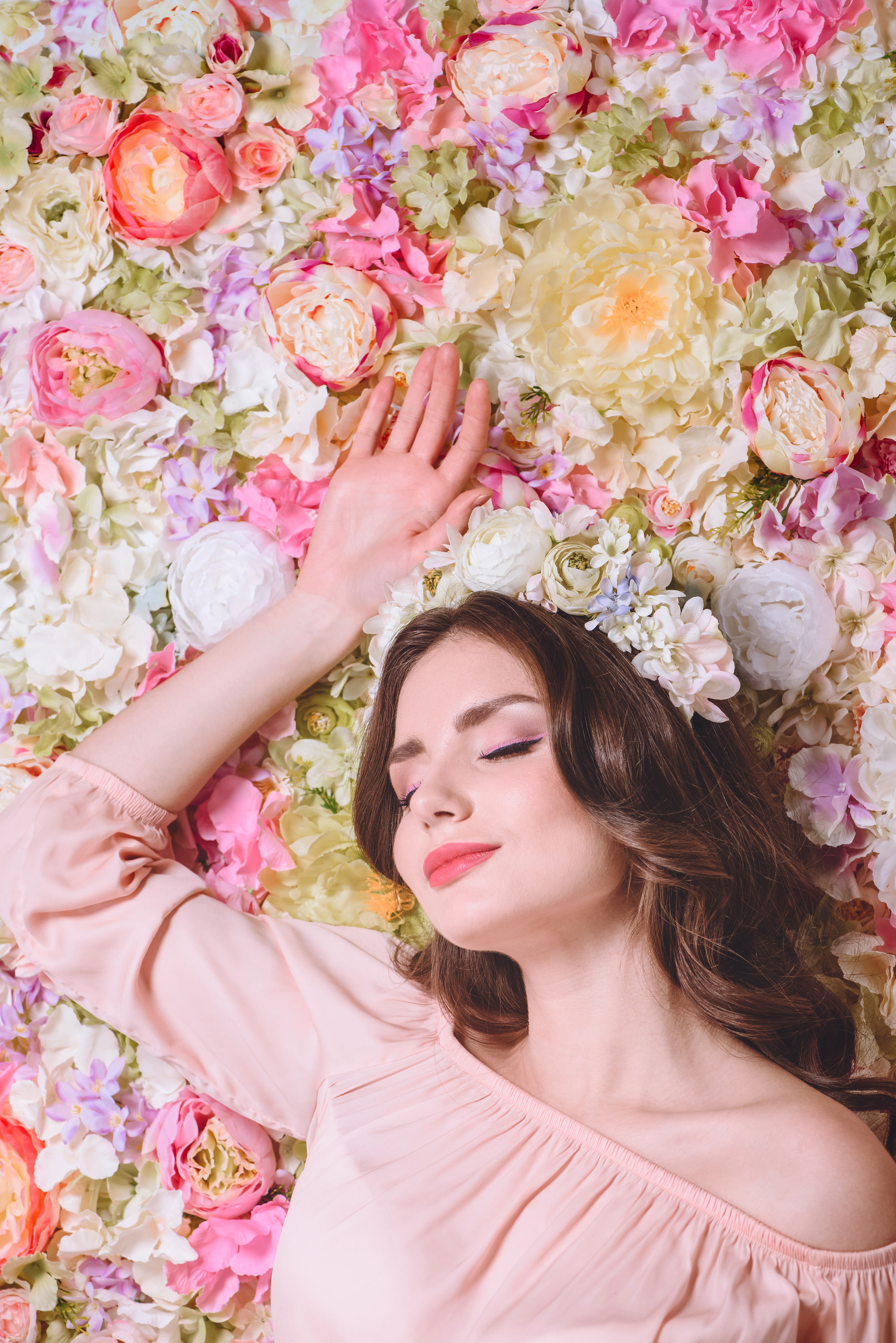 Brown haired woman with flowers HD Phone Wallpaper