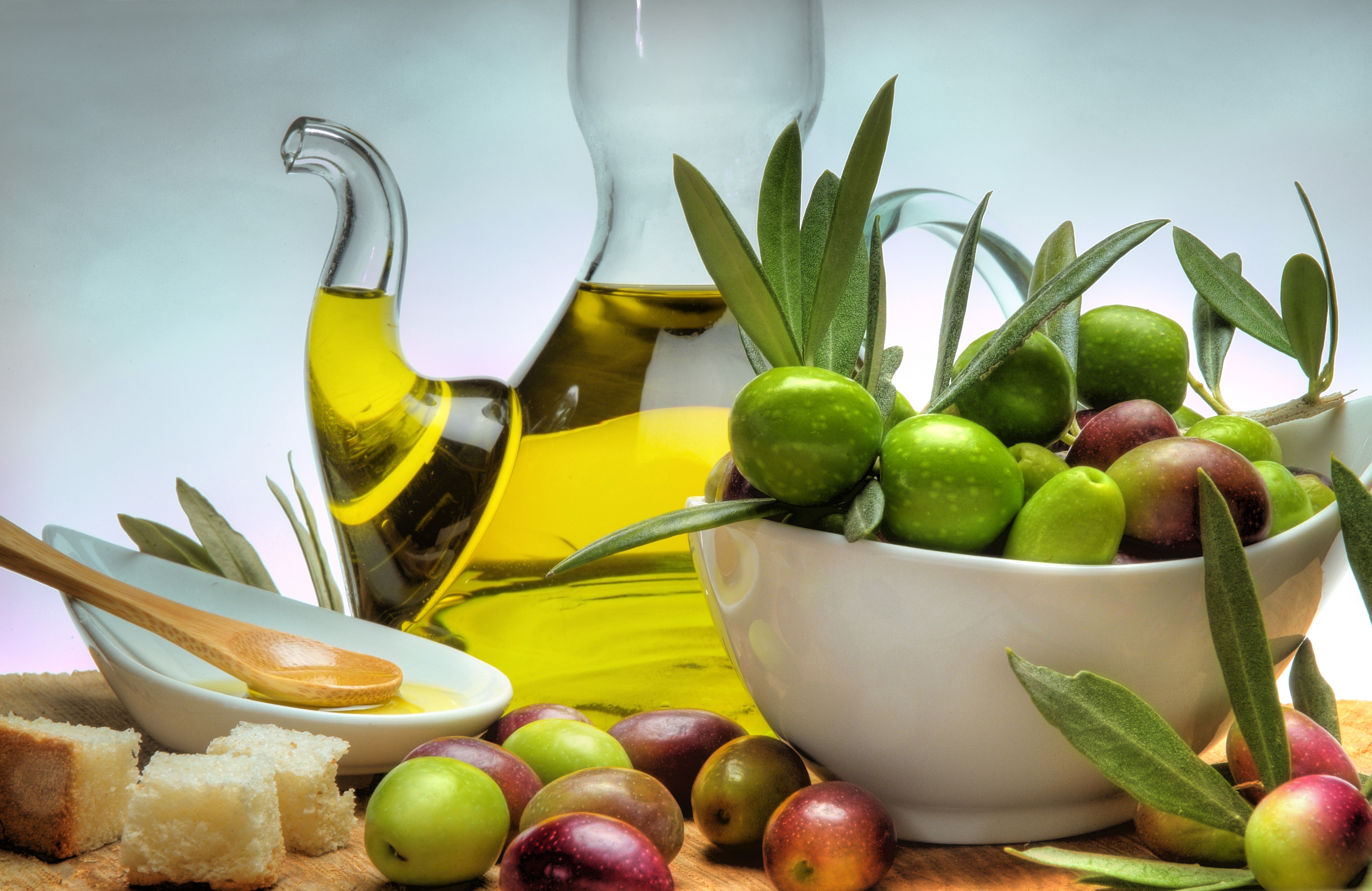 Olive oil with olives and bread HD Wallpaper