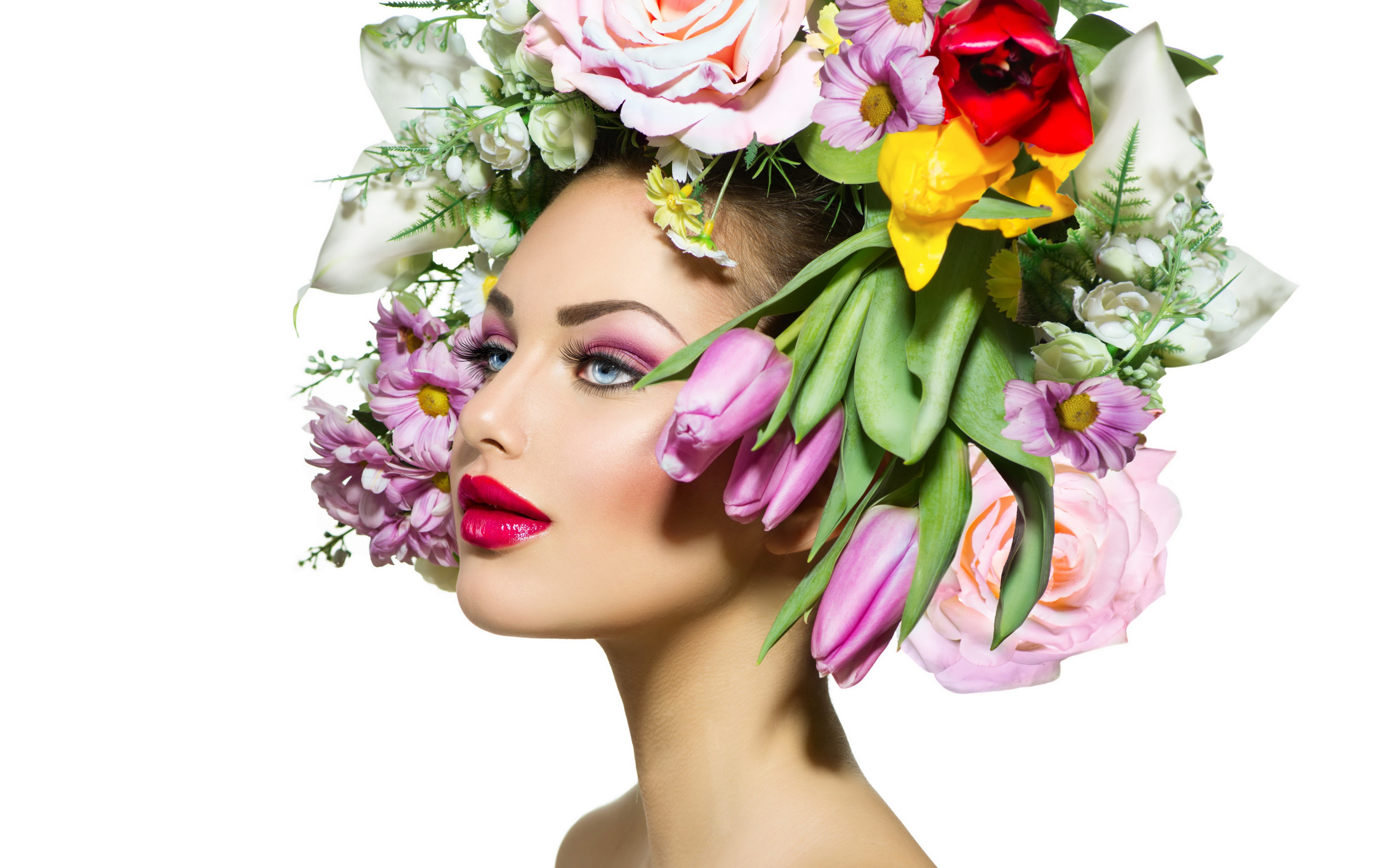 Woman with Flowers in Hair and Red Lips HD Wallpaper