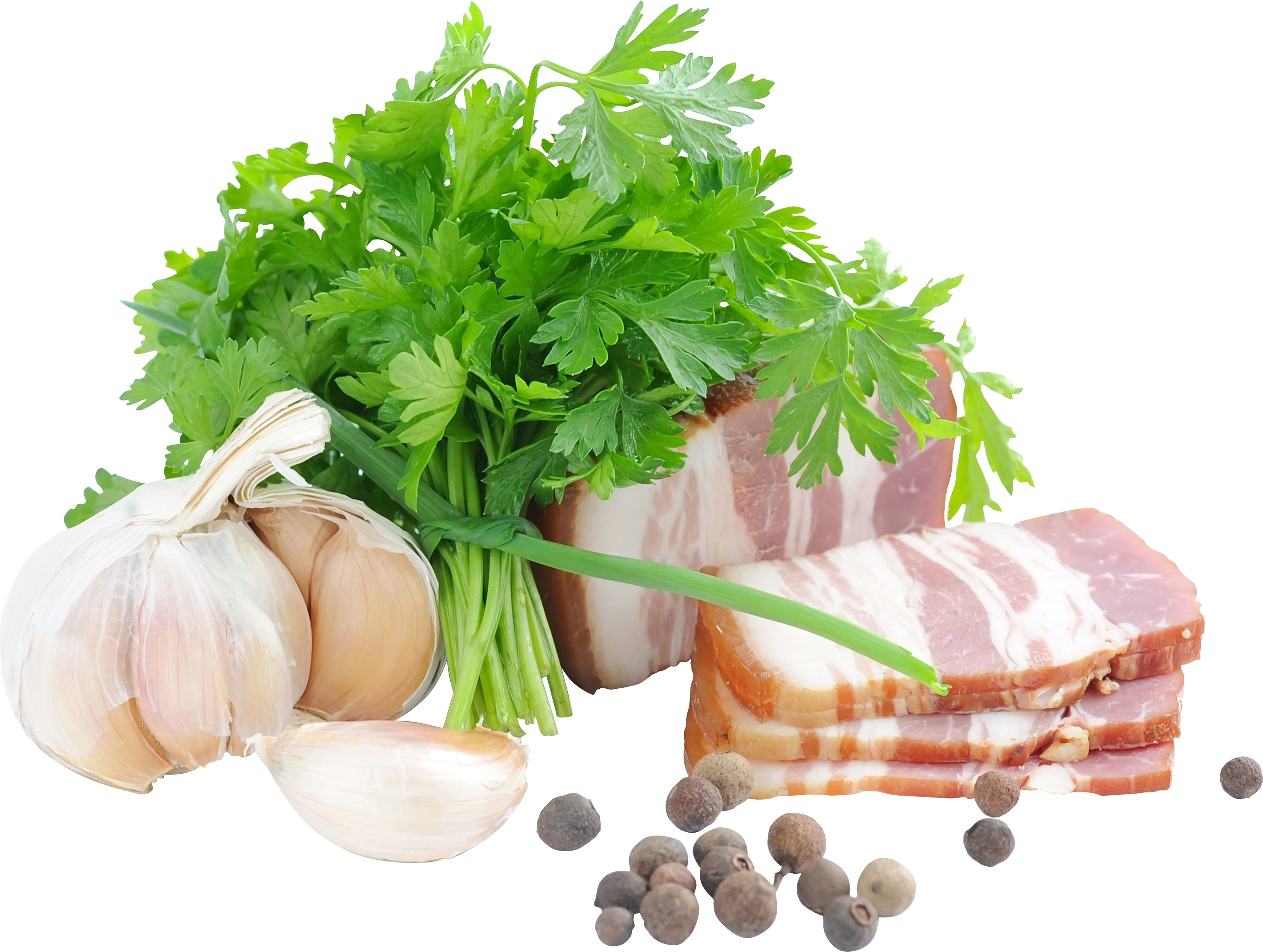 Bacon, garlic, parsley, and peppercorns on a white background HD Wallpaper
