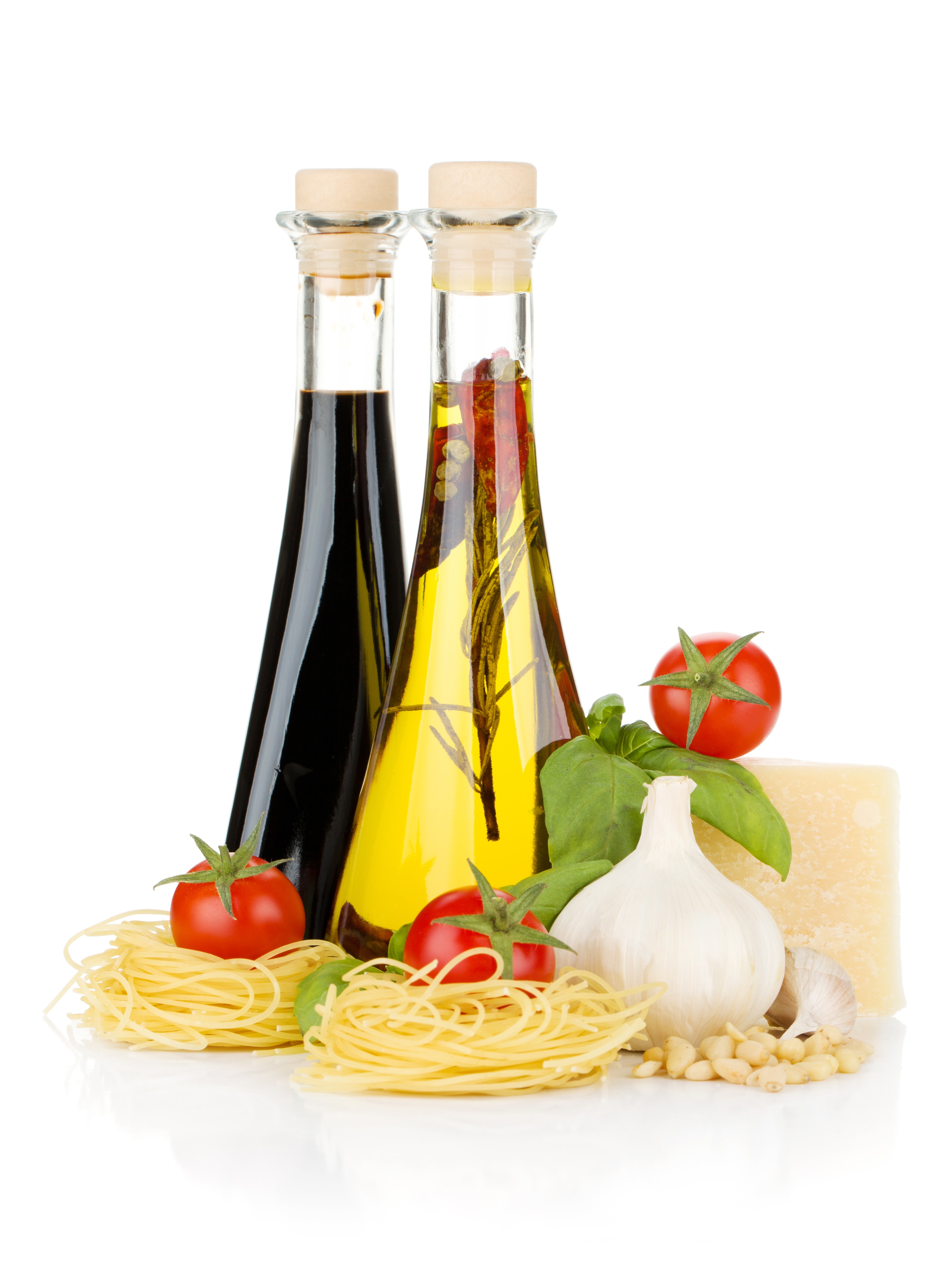 Balsamic Vinegar and Olive Oil Bottles with Pasta and Ingredients HD Phone Wallpaper
