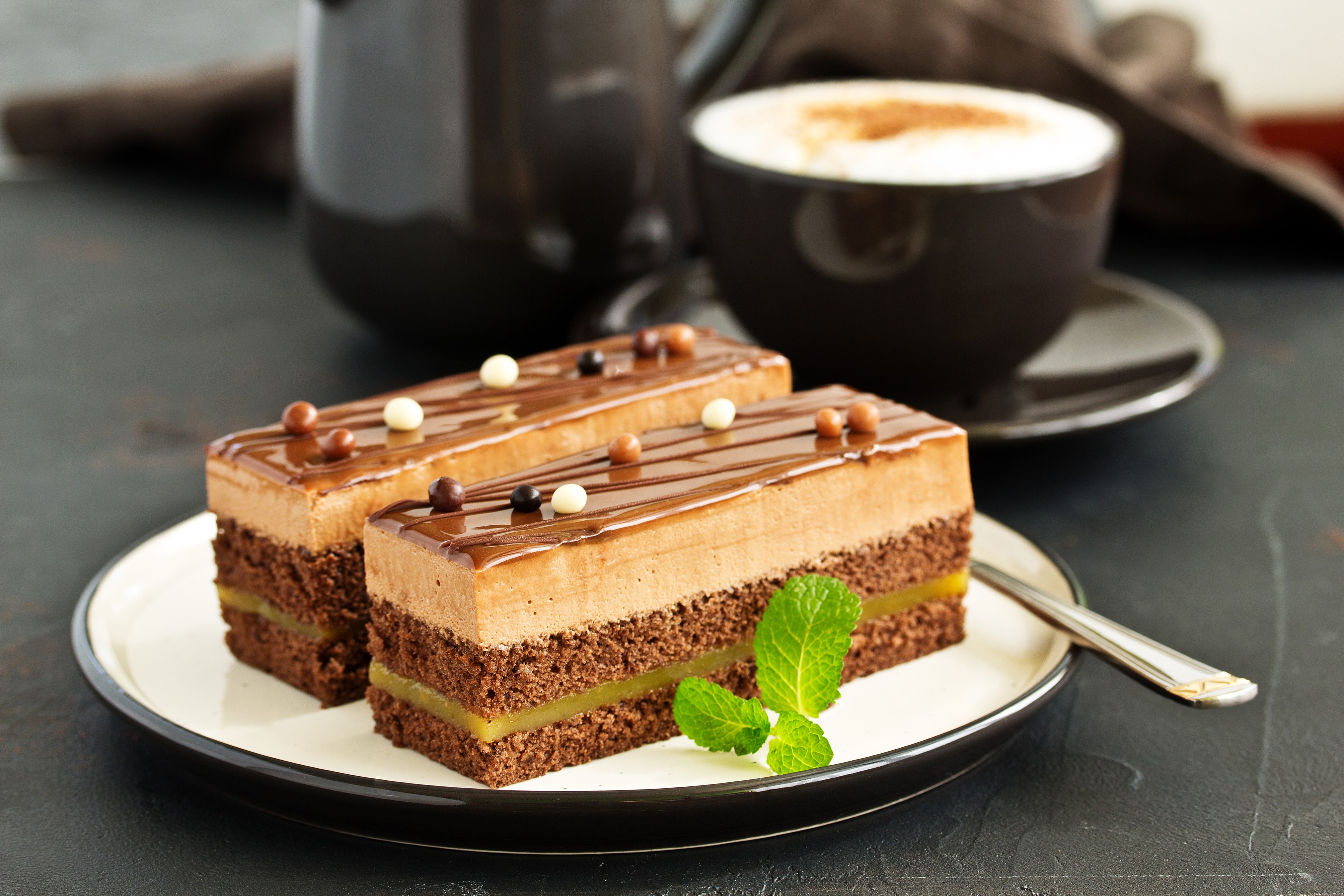 Two chocolate mousse cakes with coffee HD Wallpaper