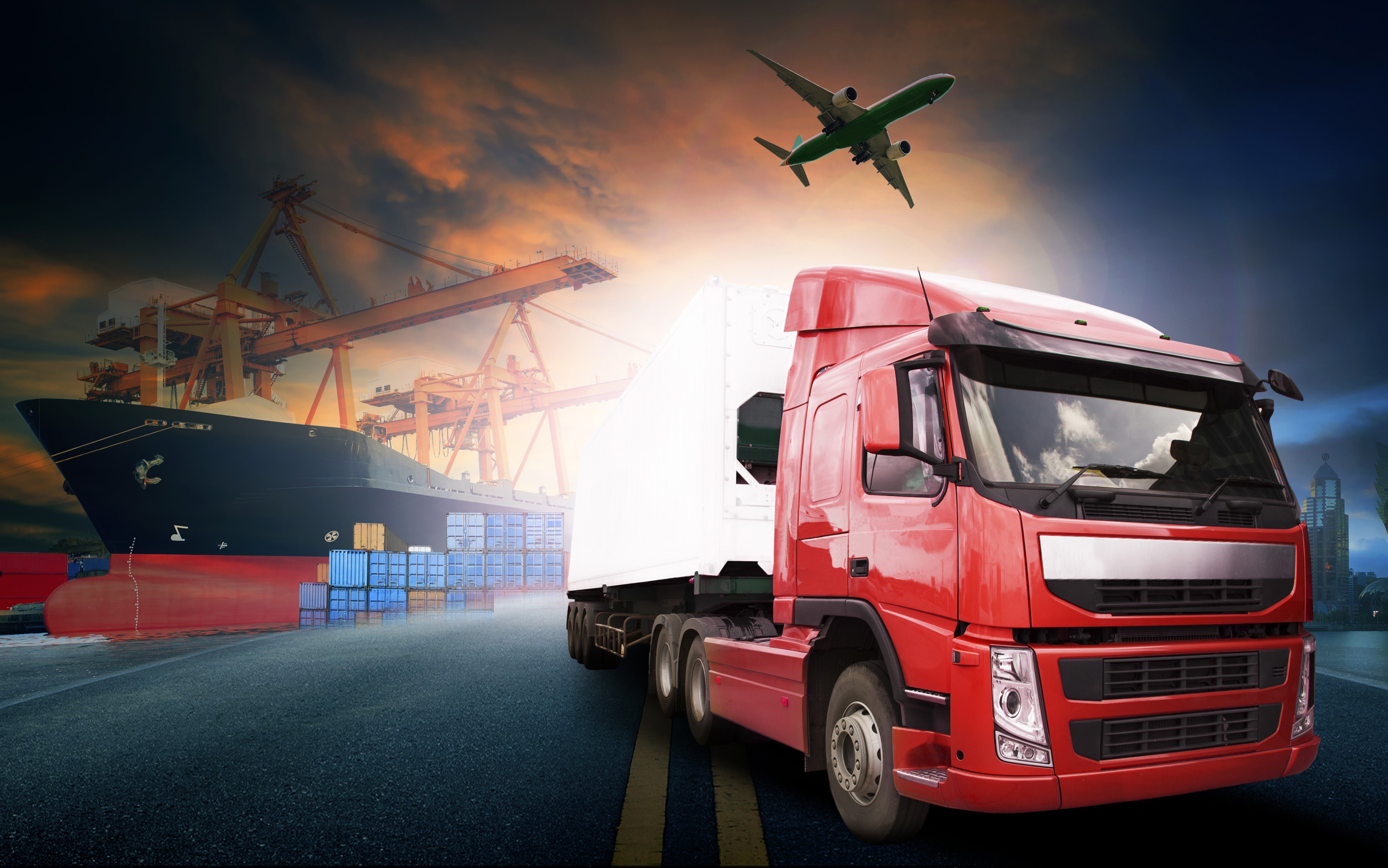 Red truck, cargo ship, airplane, and shipping containers HD Wallpaper