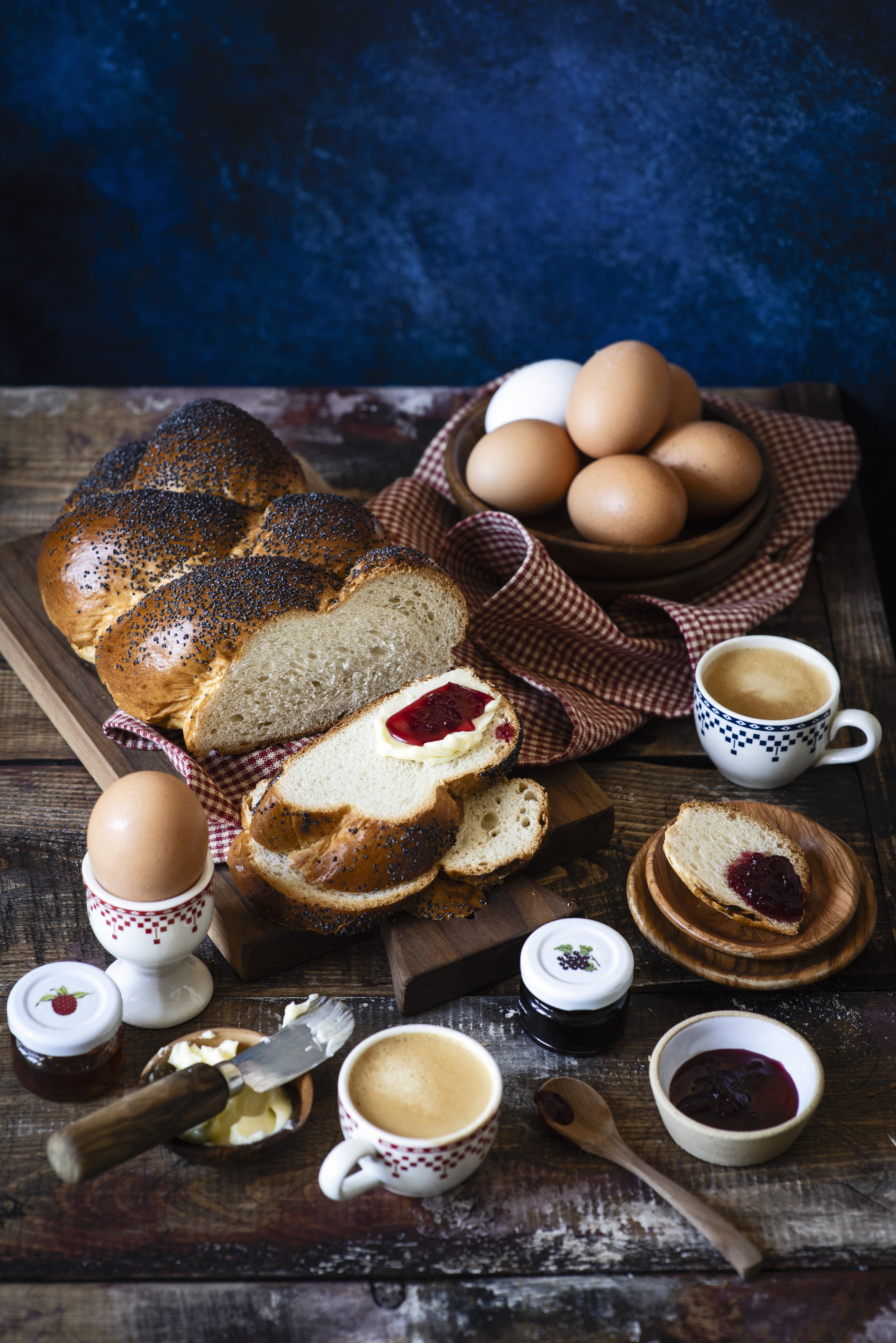 Breakfast with braided bread, eggs, jam, and coffee HD Phone Wallpaper