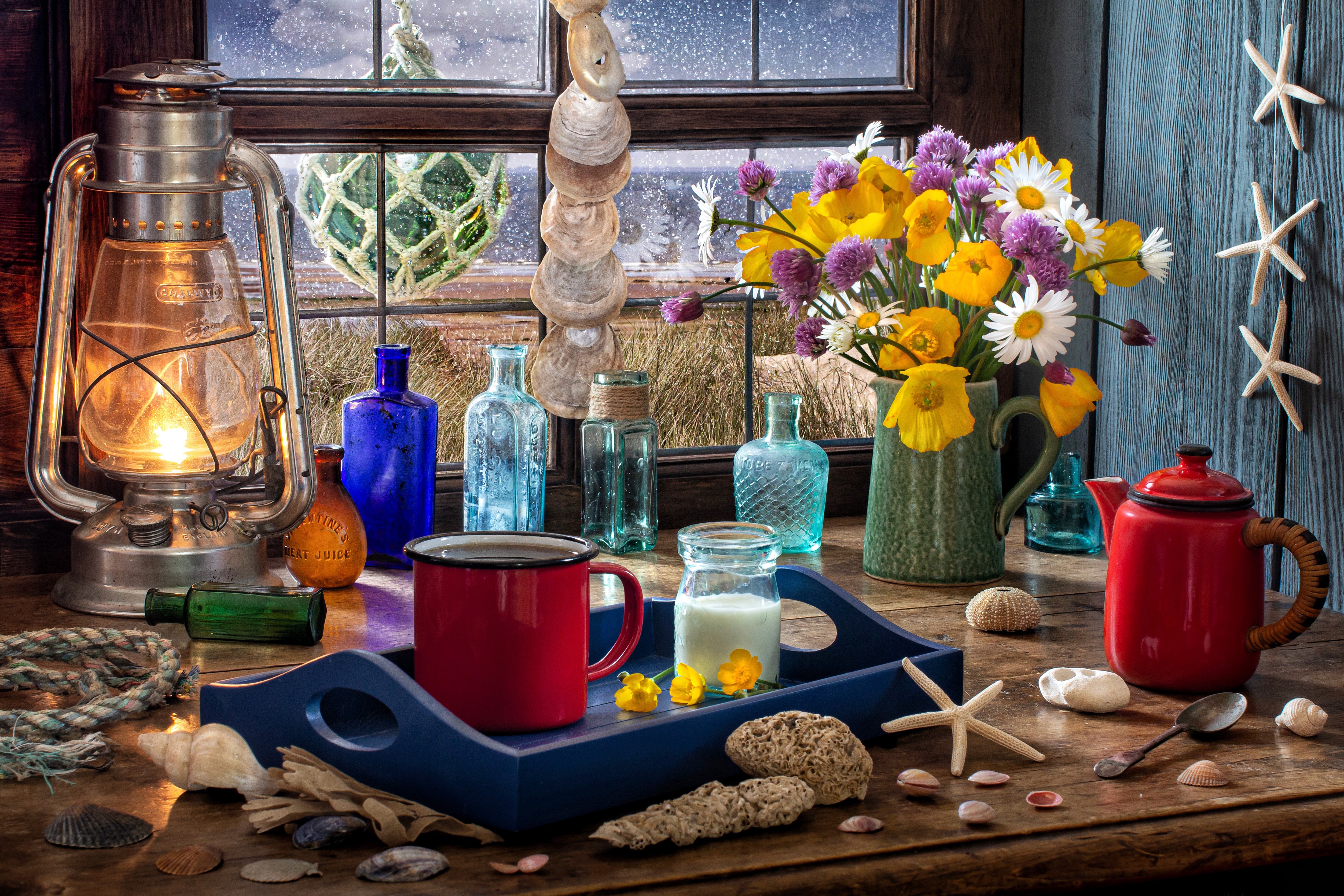Still-life with Kerosene lamp, flowers, and bottles HD Wallpaper