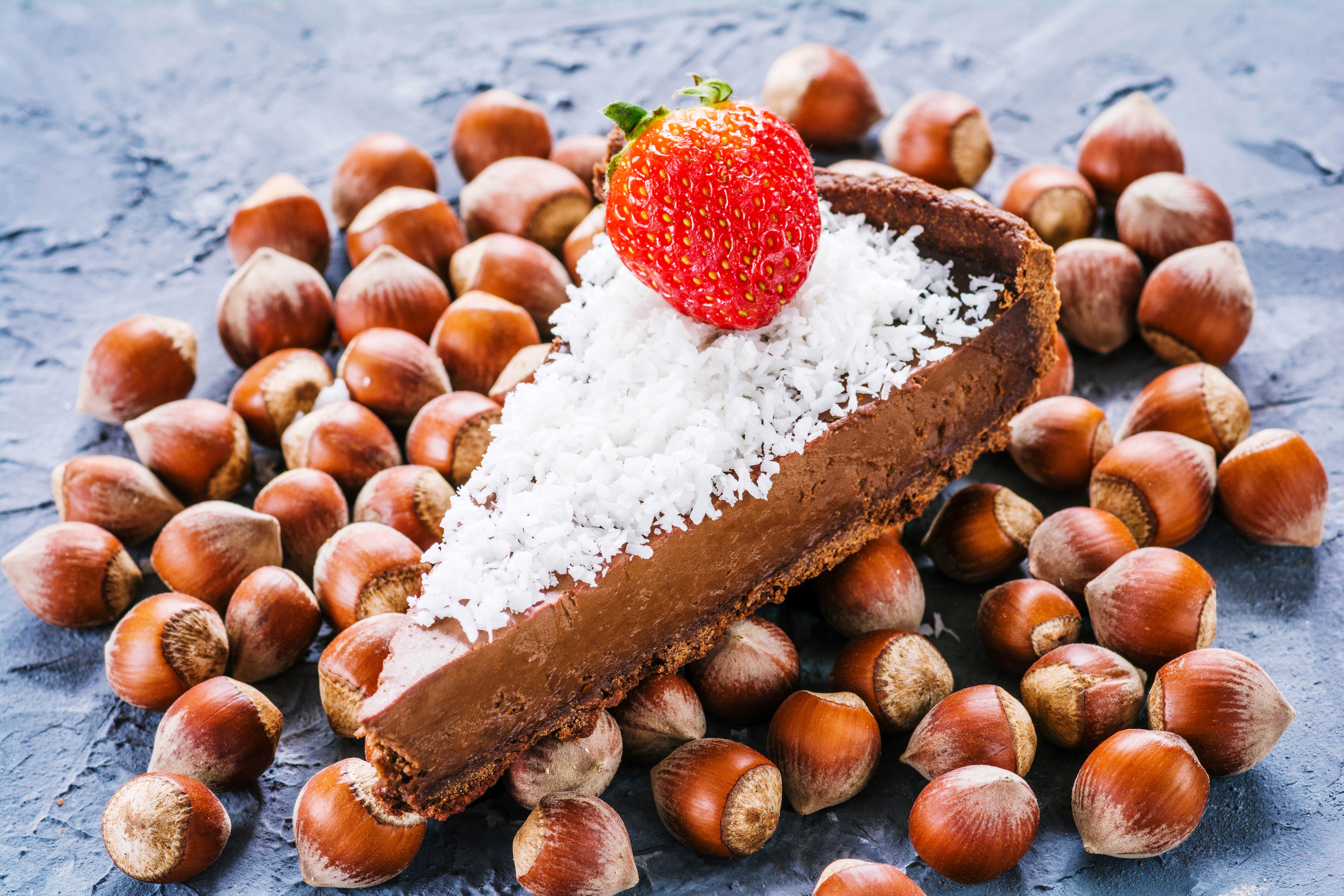 Slice of Chocolate Hazelnut Pie with Strawberry and Coconut HD Wallpaper