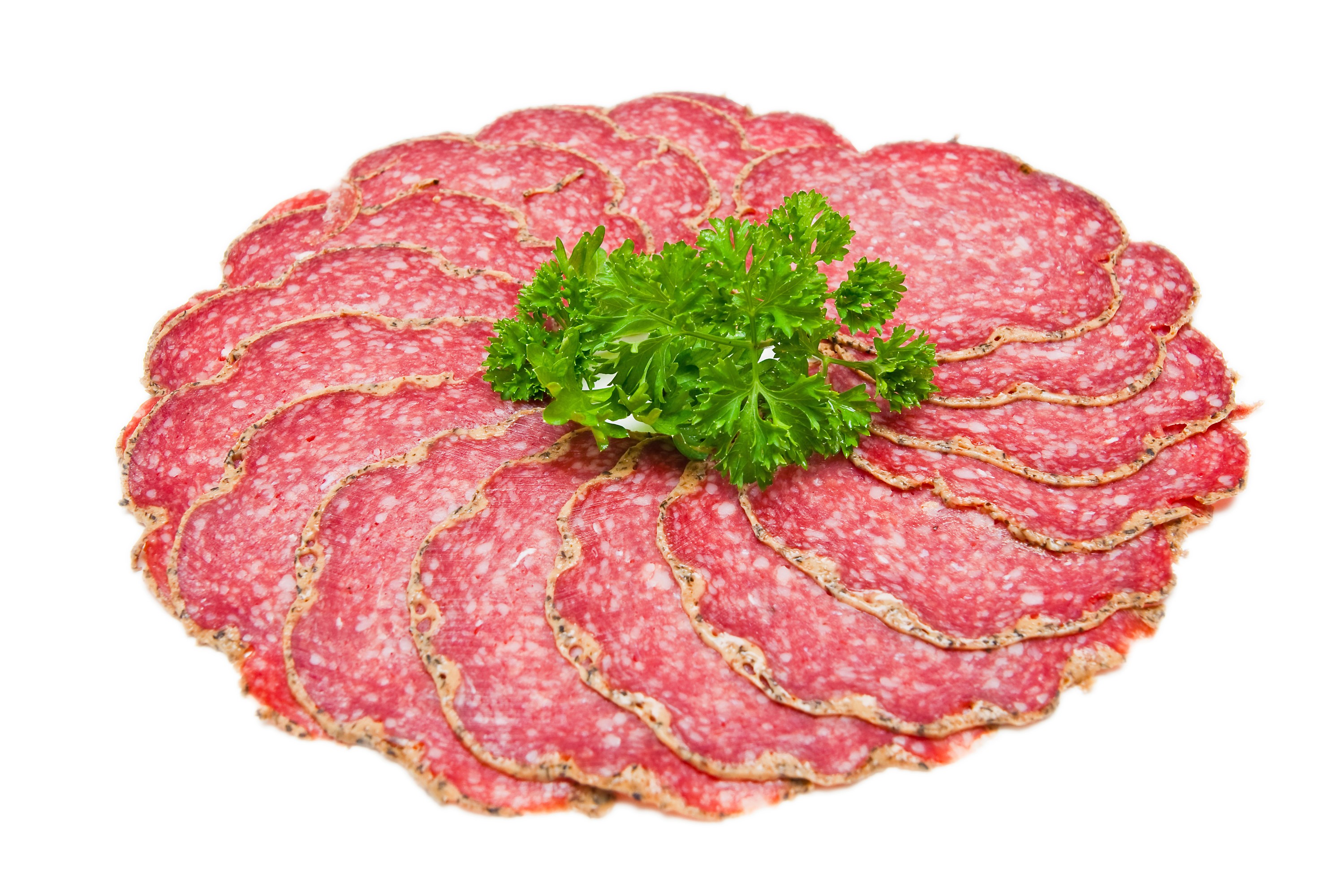 Sliced salami with parsley garnish on white background HD Wallpaper