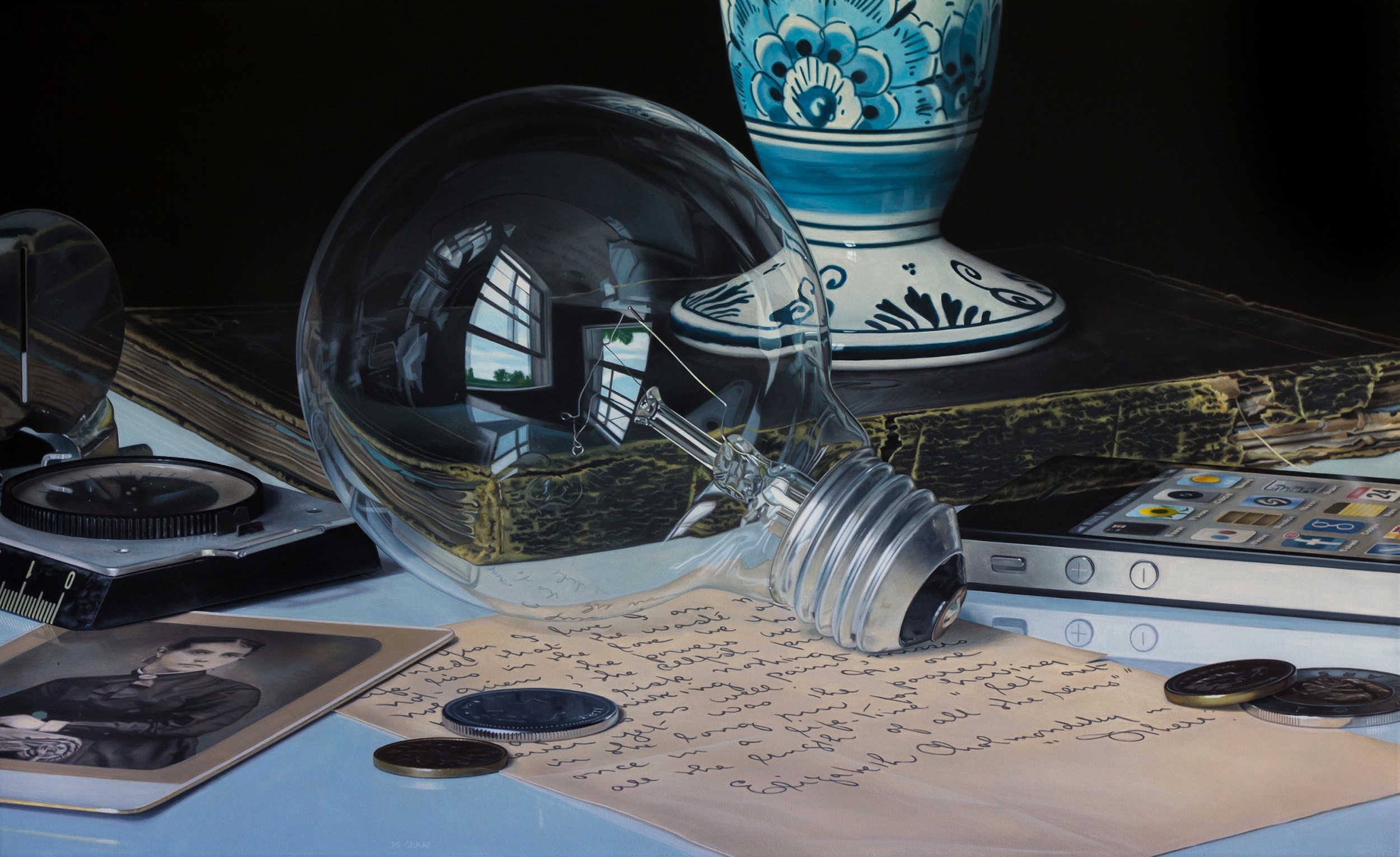 Still life with light bulb and iPhone by Jason de Graaf HD Wallpaper
