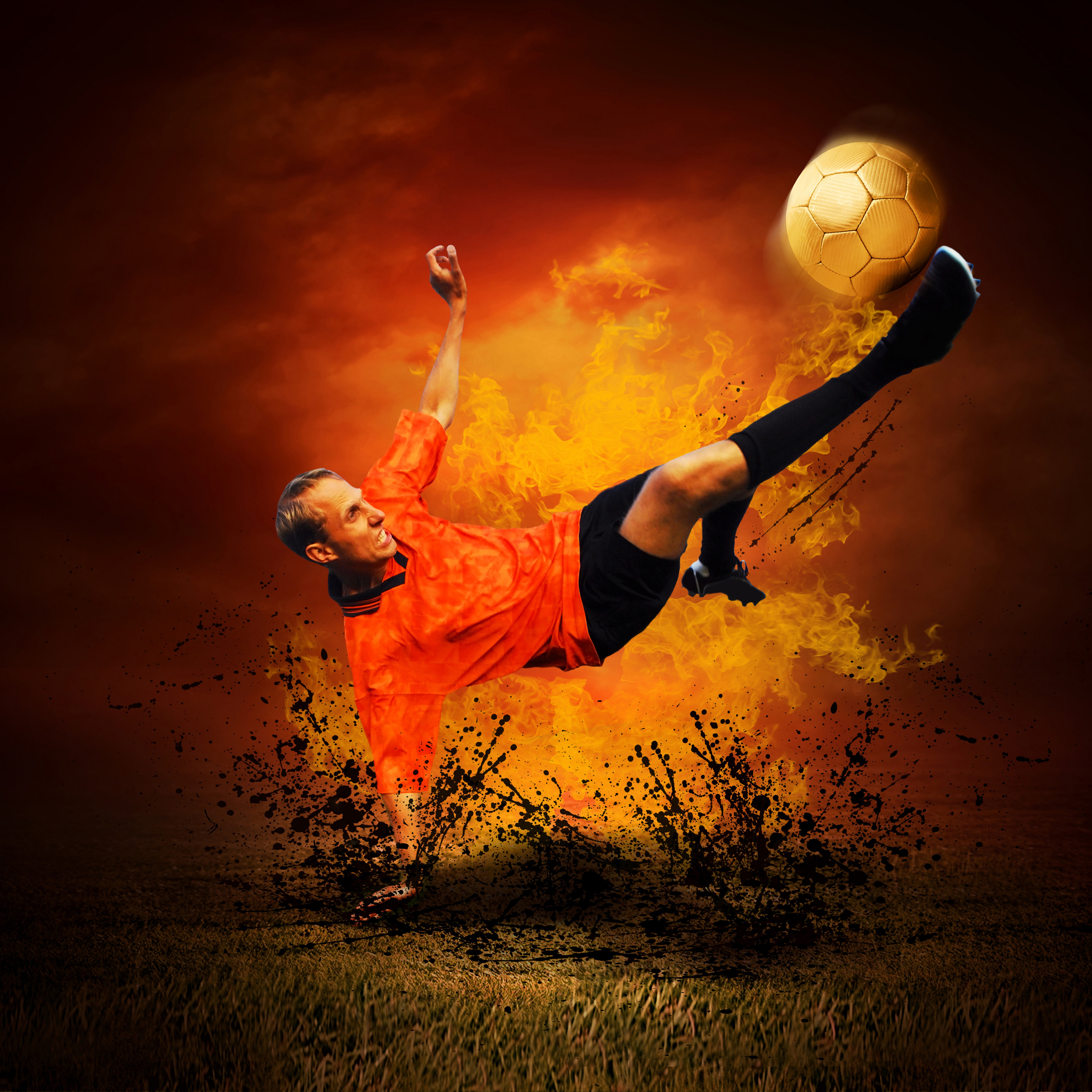 Soccer Player Performing Bicycle Kick with Fire HD Wallpaper