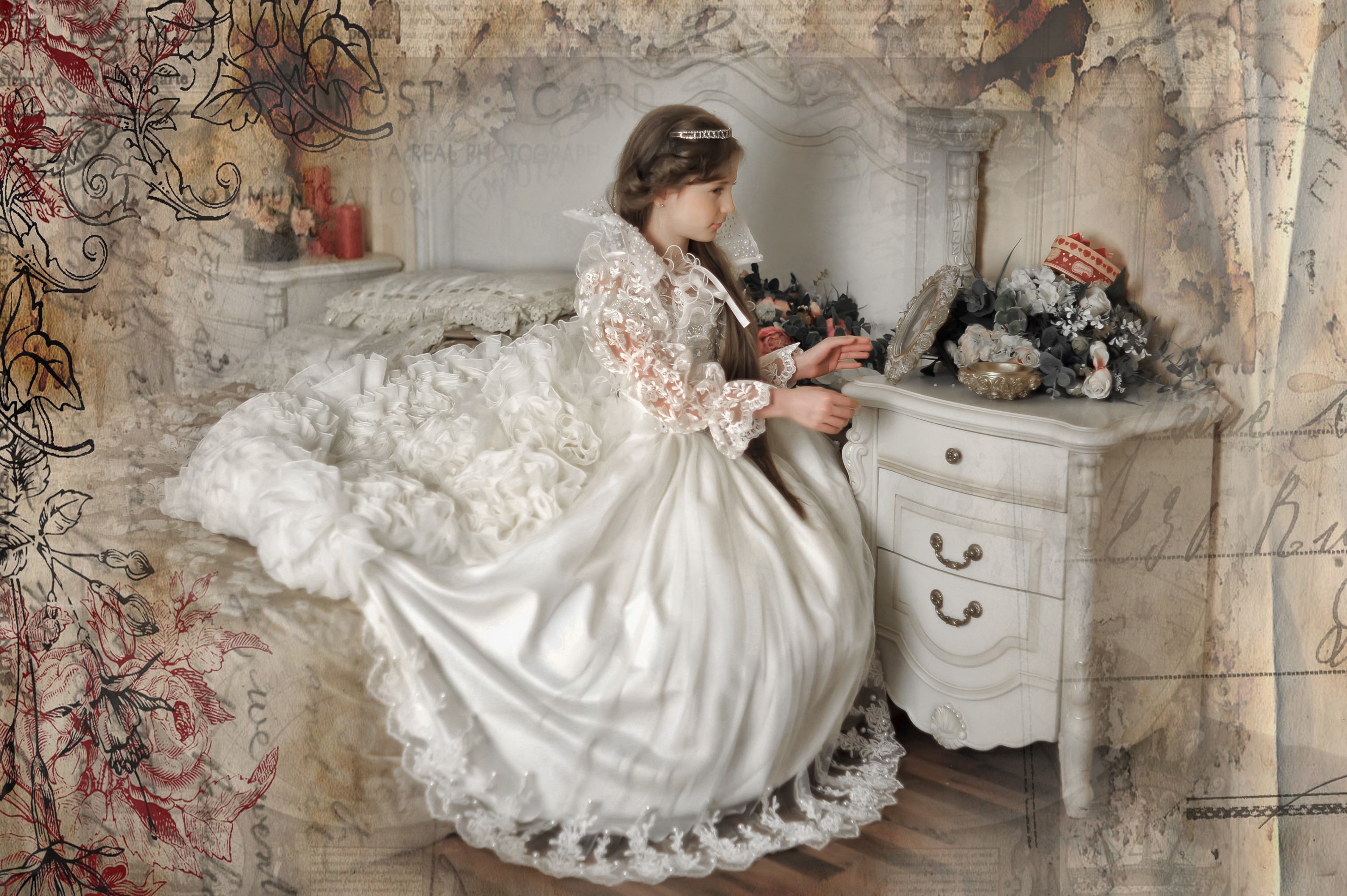 Girl in a white dress sitting on a bed HD Wallpaper