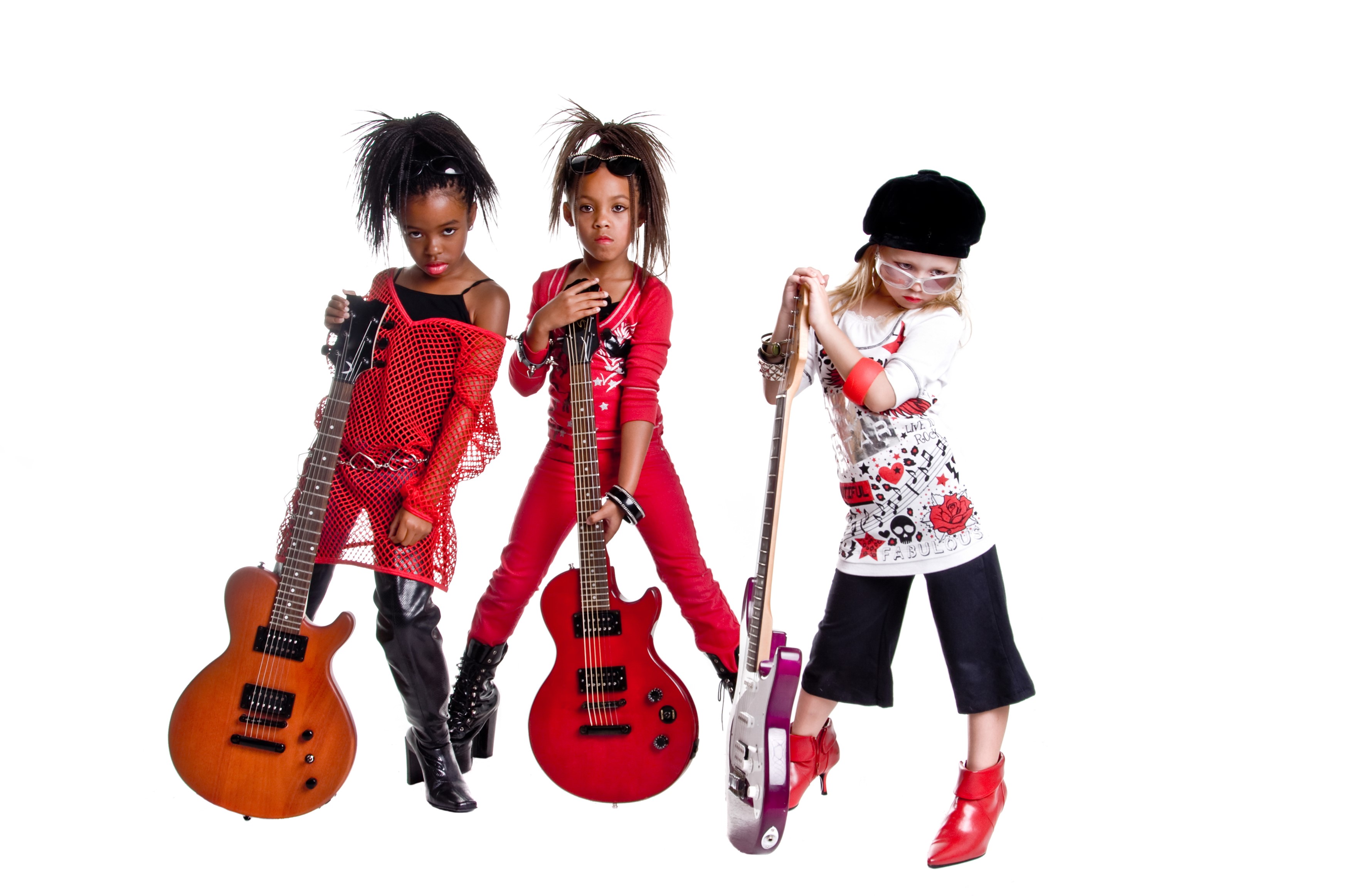 Three young girls with guitars on white background HD Wallpaper