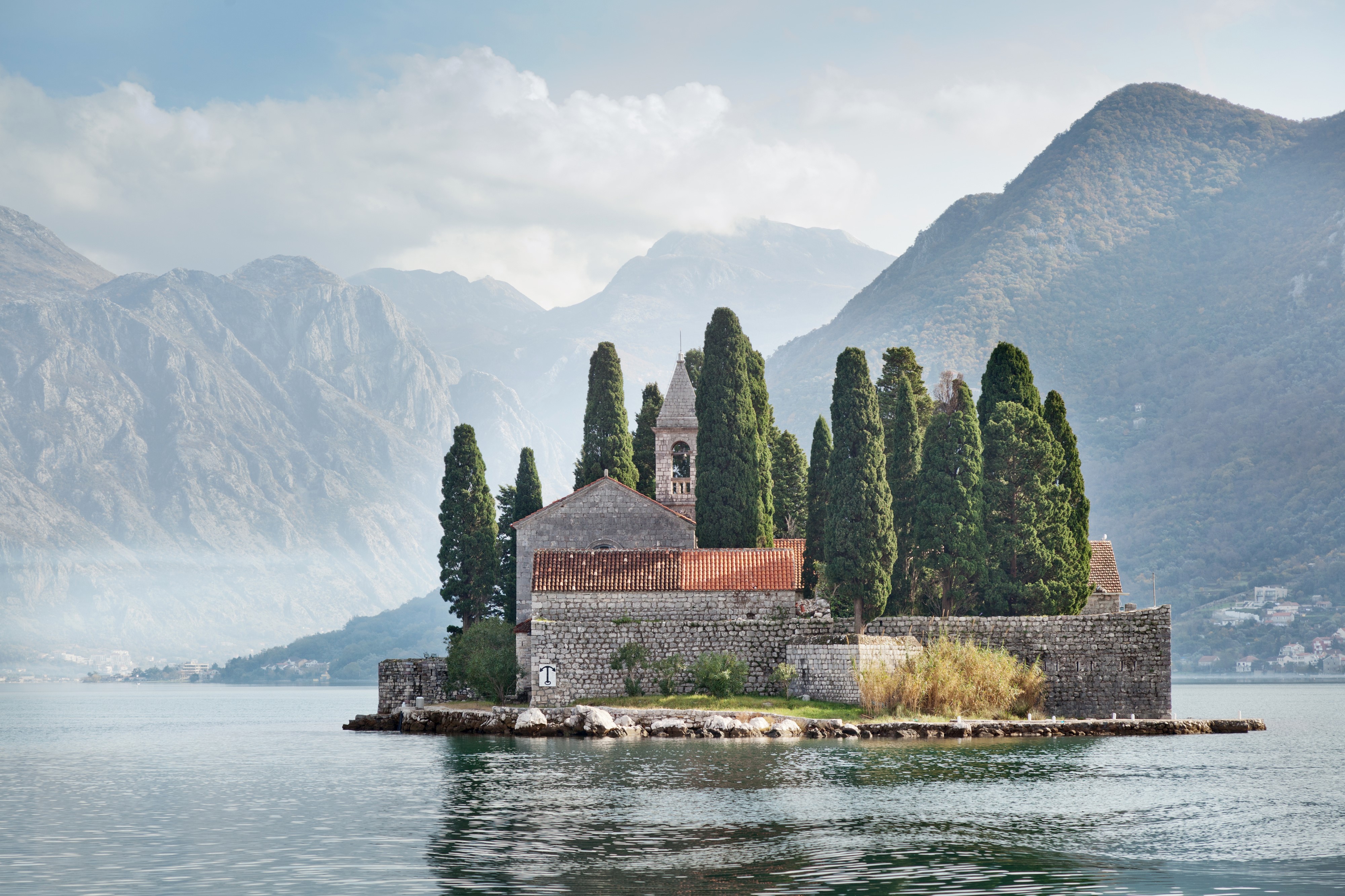Island with church and cypress trees in Kotor Bay, Montenegro HD Wallpaper