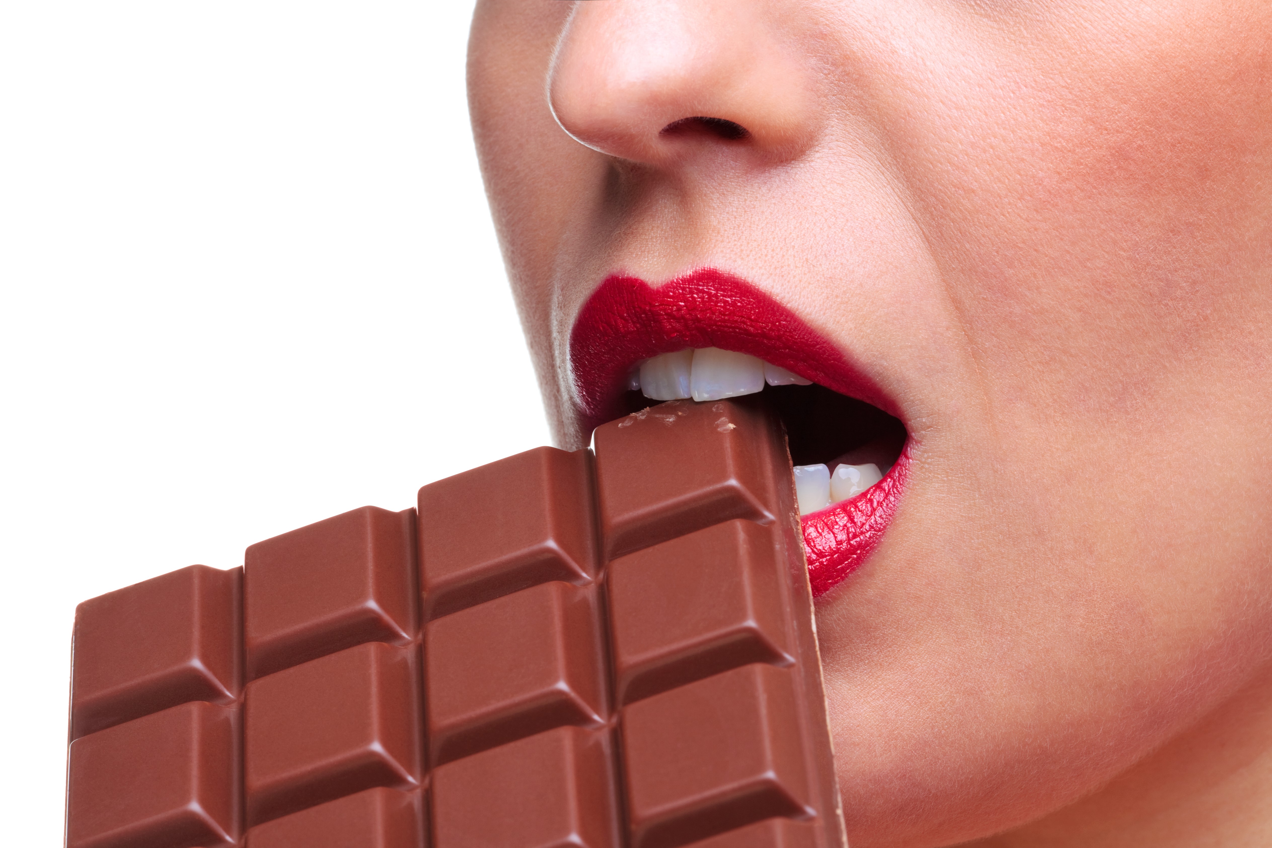 Woman with red lips eating chocolate bar HD Wallpaper