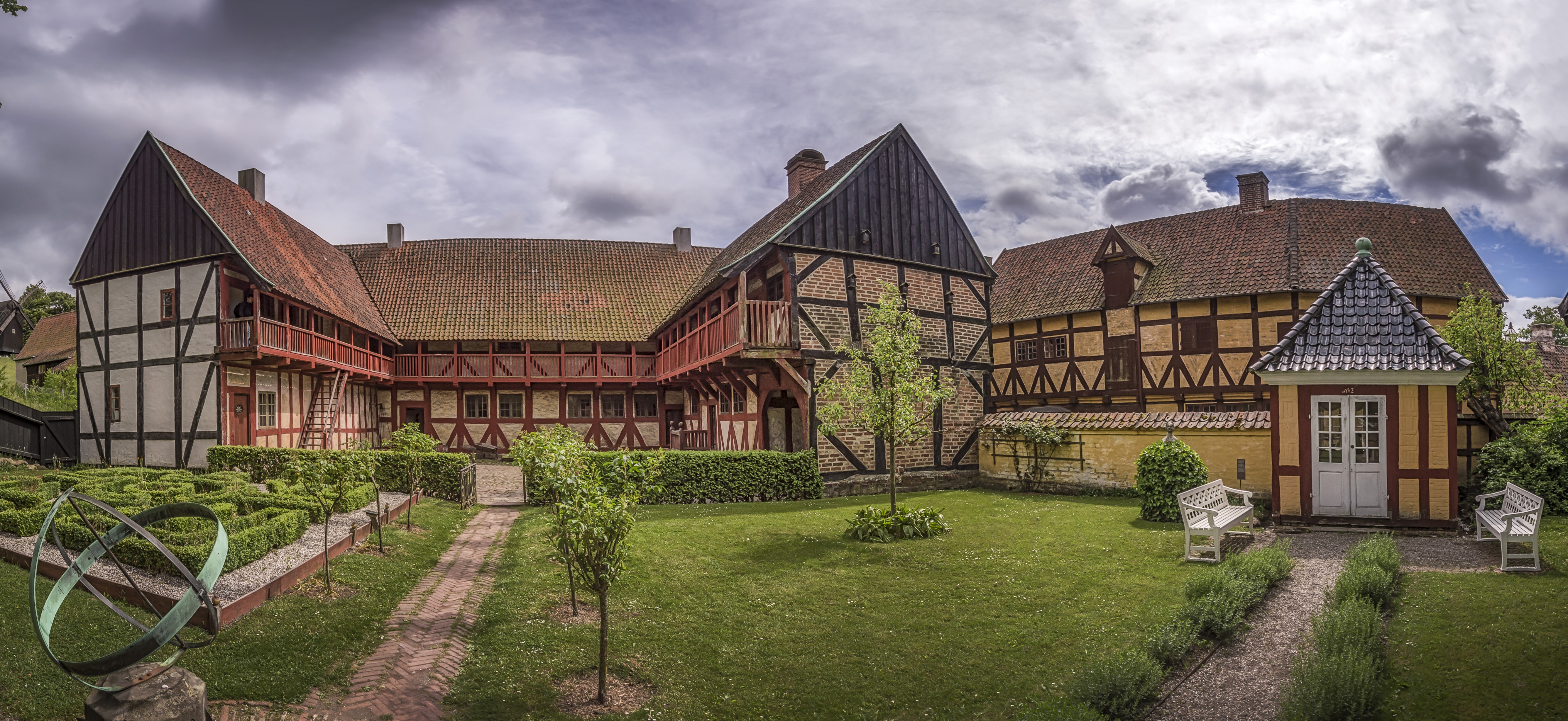 Half-timbered houses and garden in Aarhus, Denmark HD Wallpaper