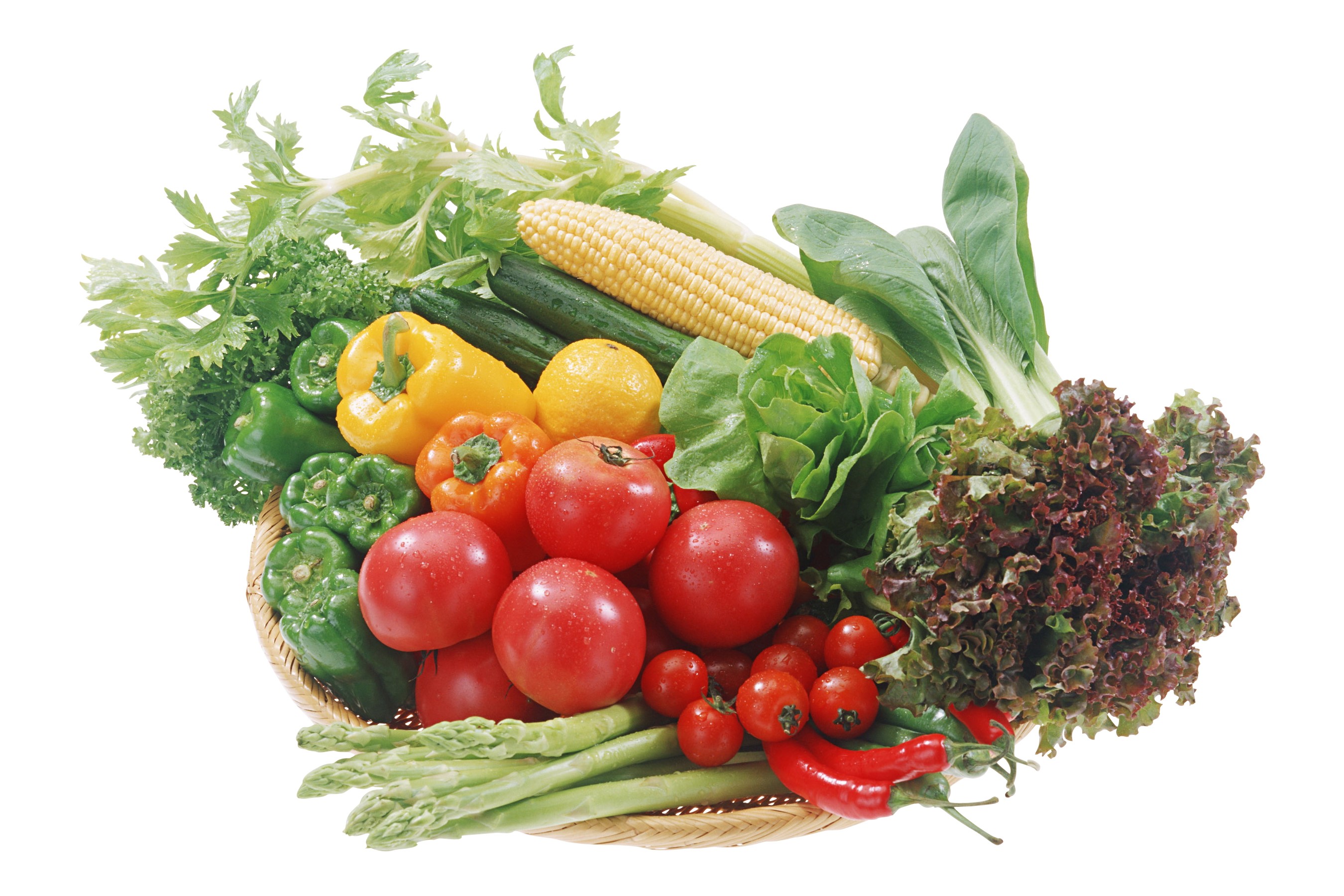 Basket of fresh vegetables including tomatoes, peppers, corn, and lettuce HD Wallpaper