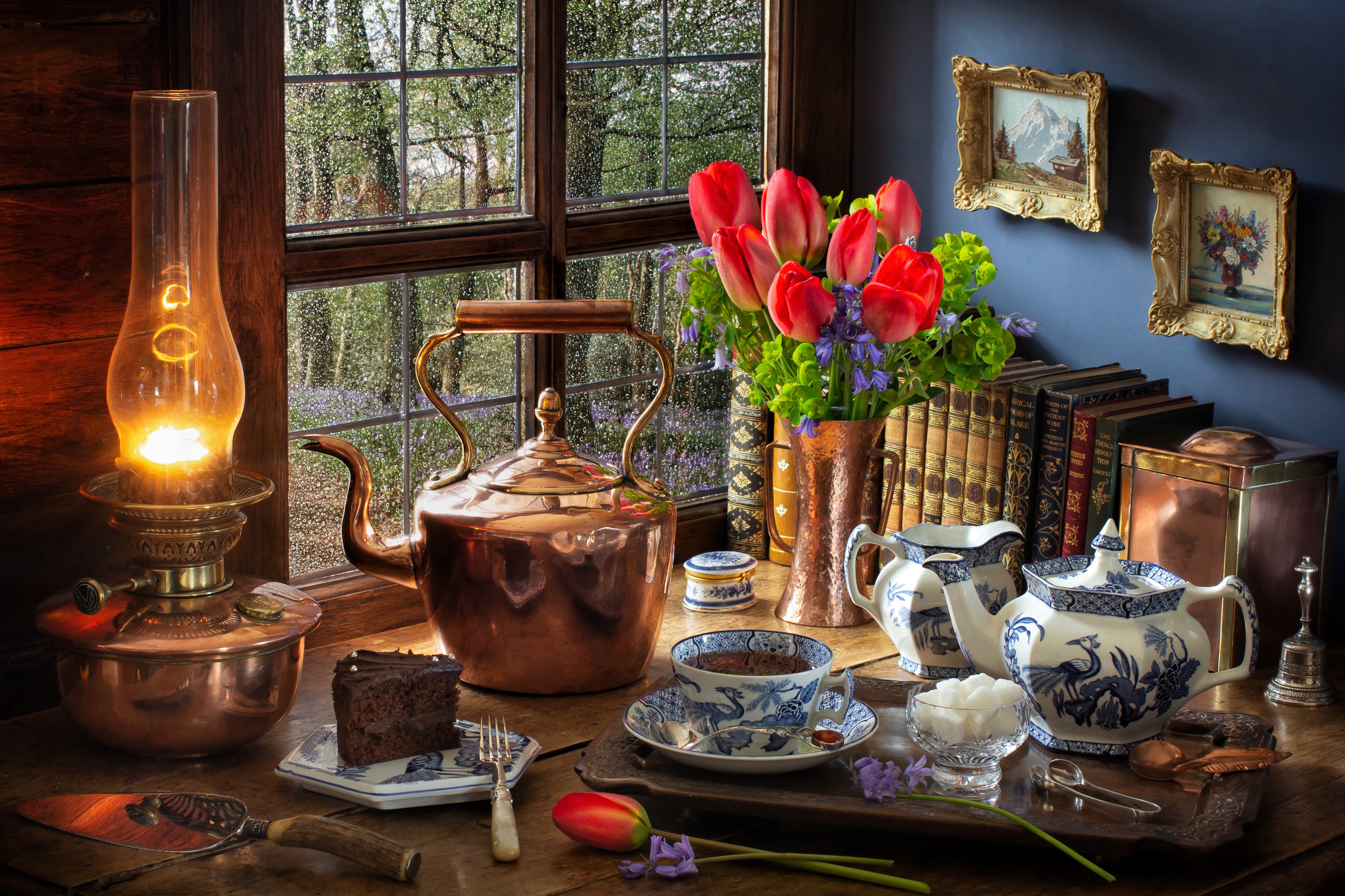 Still-life with Kerosene lamp, Kettle, Tulips, and Cake HD Wallpaper