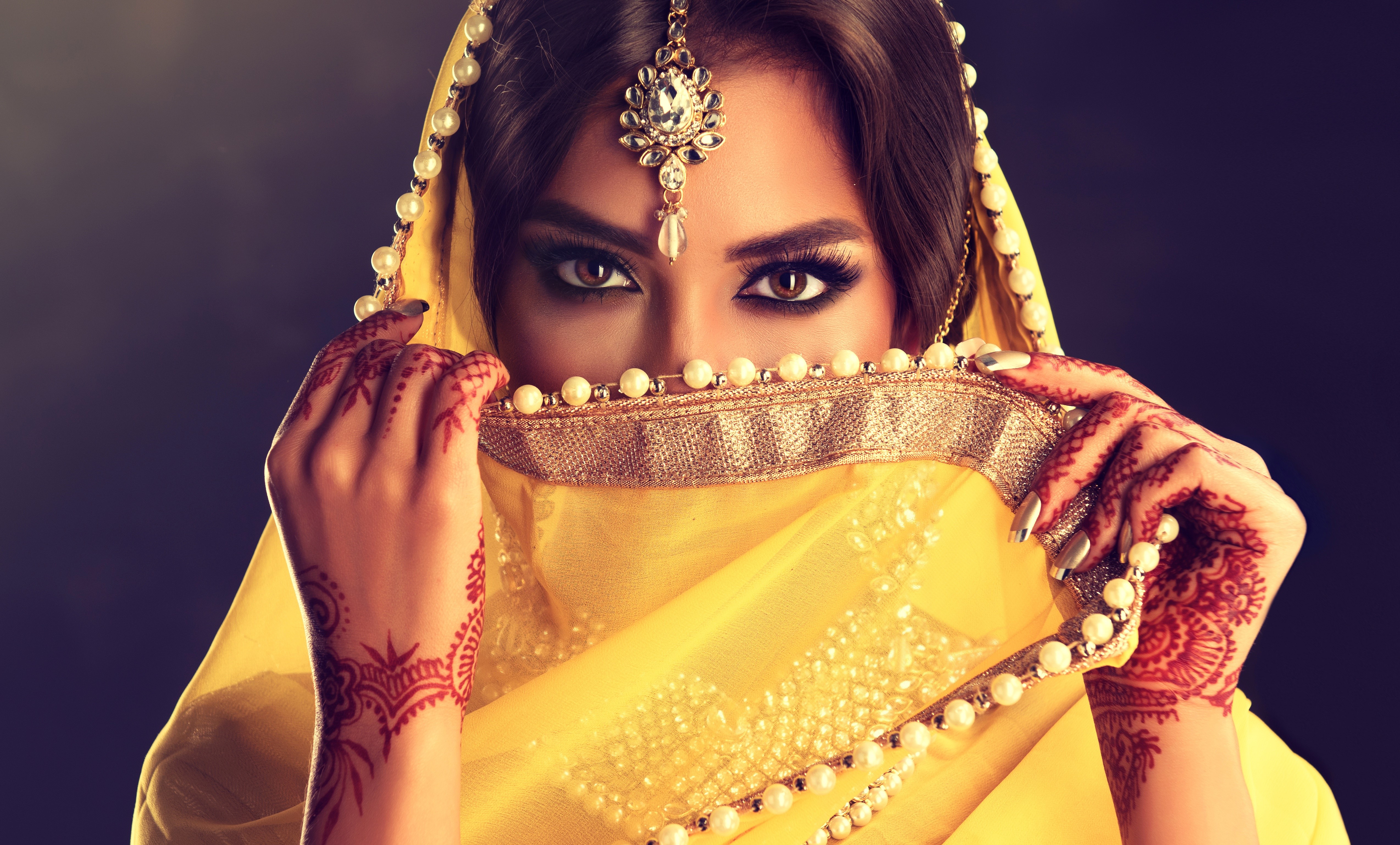Beautiful Indian Woman with Henna and Jewelry HD Wallpaper