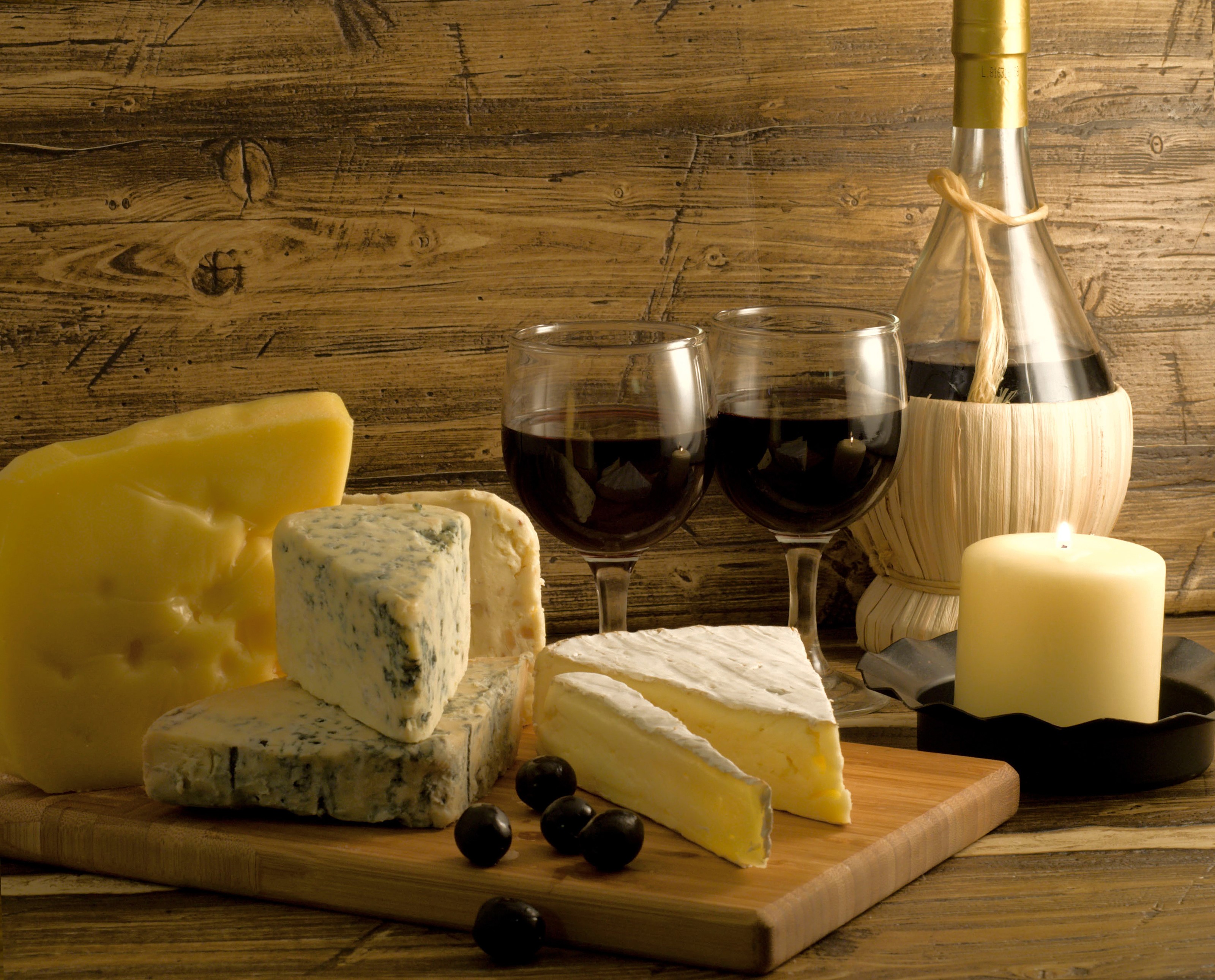 Still life with wine, cheese, and candle HD Wallpaper