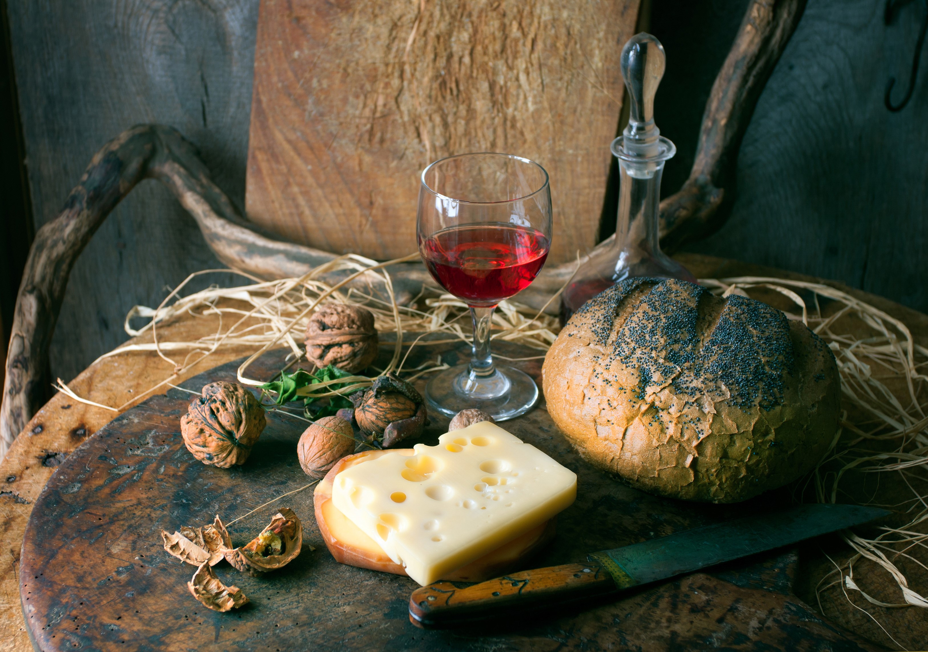 Still-life with bread, cheese, wine, nuts, and knife HD Wallpaper