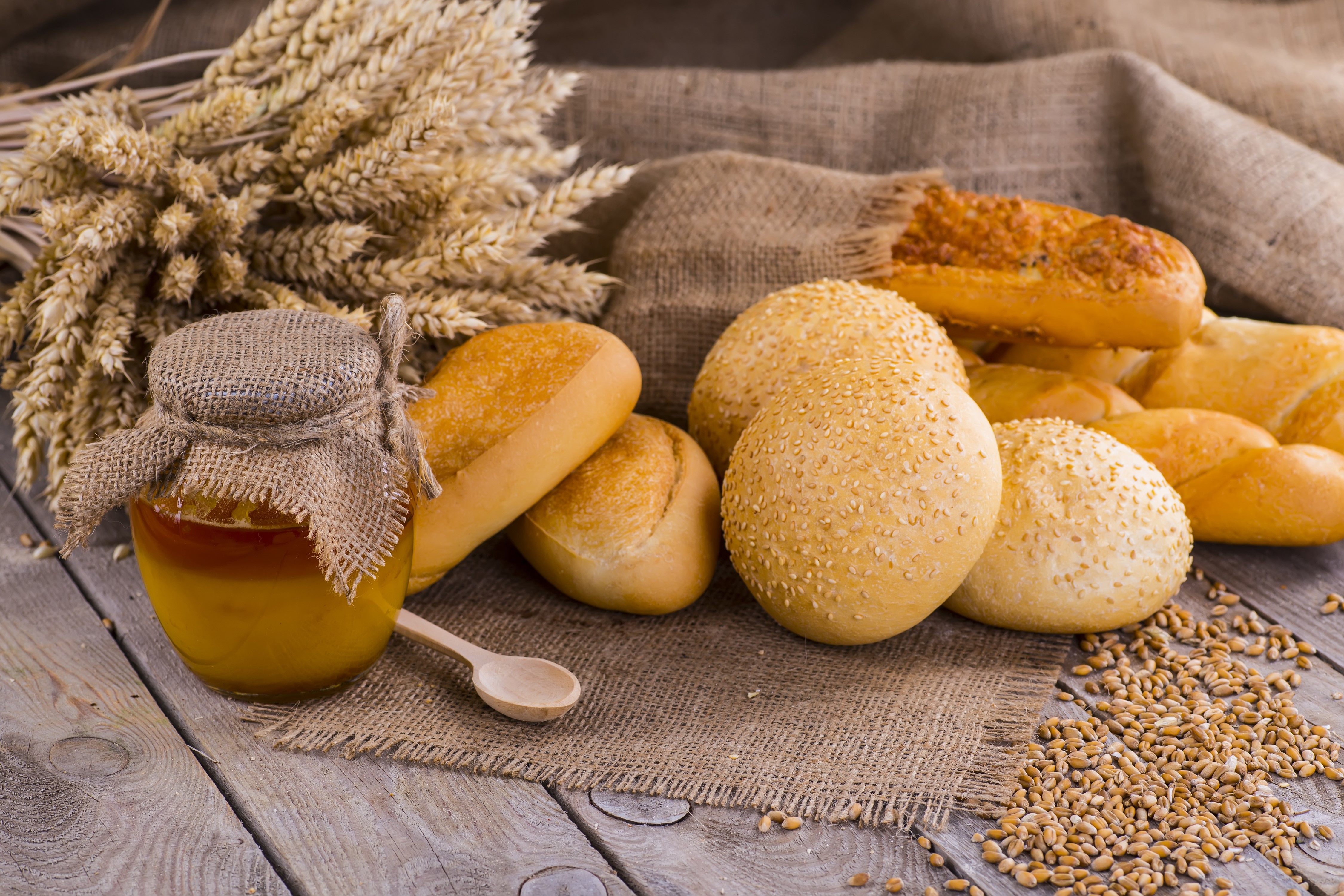 Honey Jar with Buns and Wheat on Wood HD Wallpaper