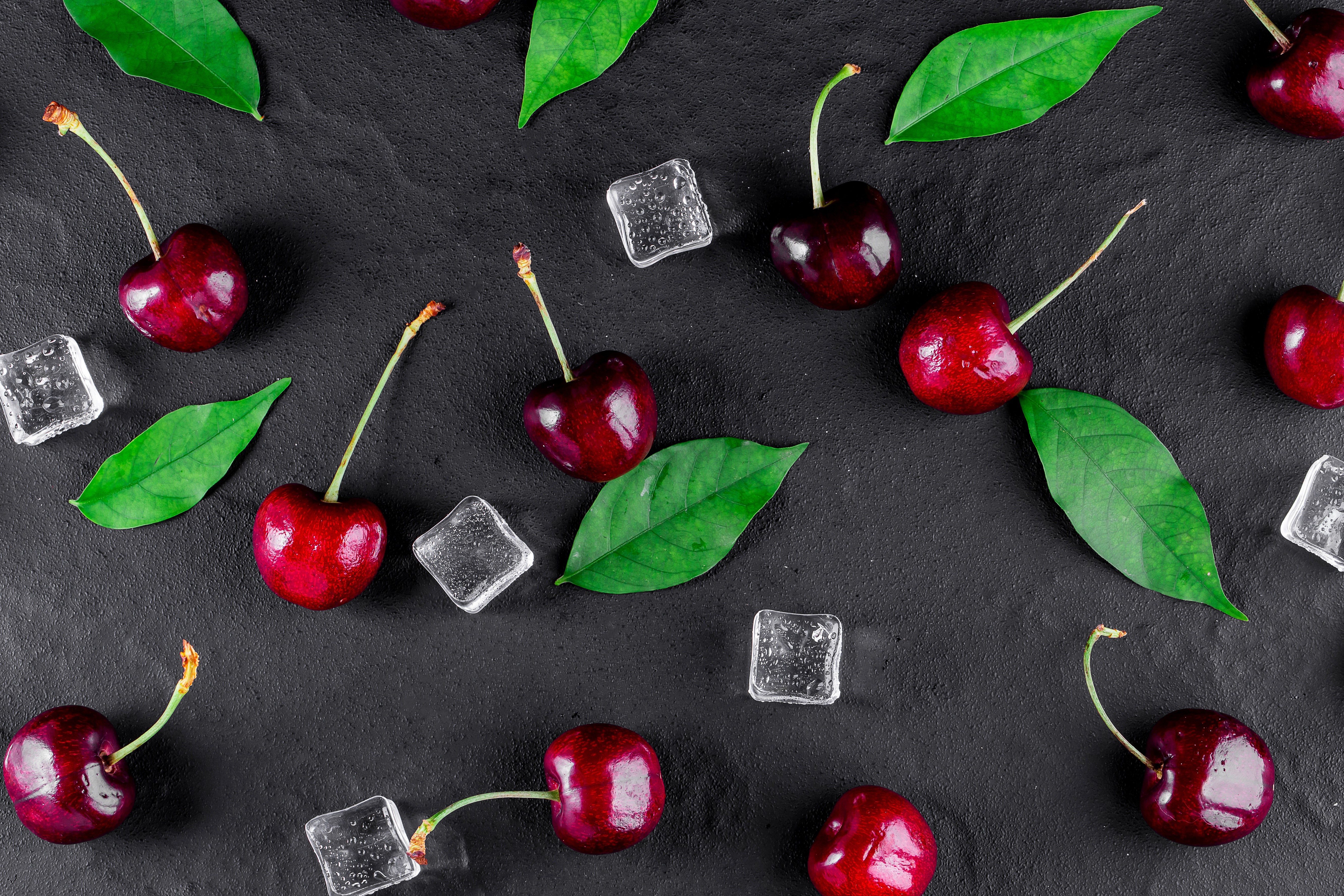 Cherries with Ice and Leaves HD Wallpaper