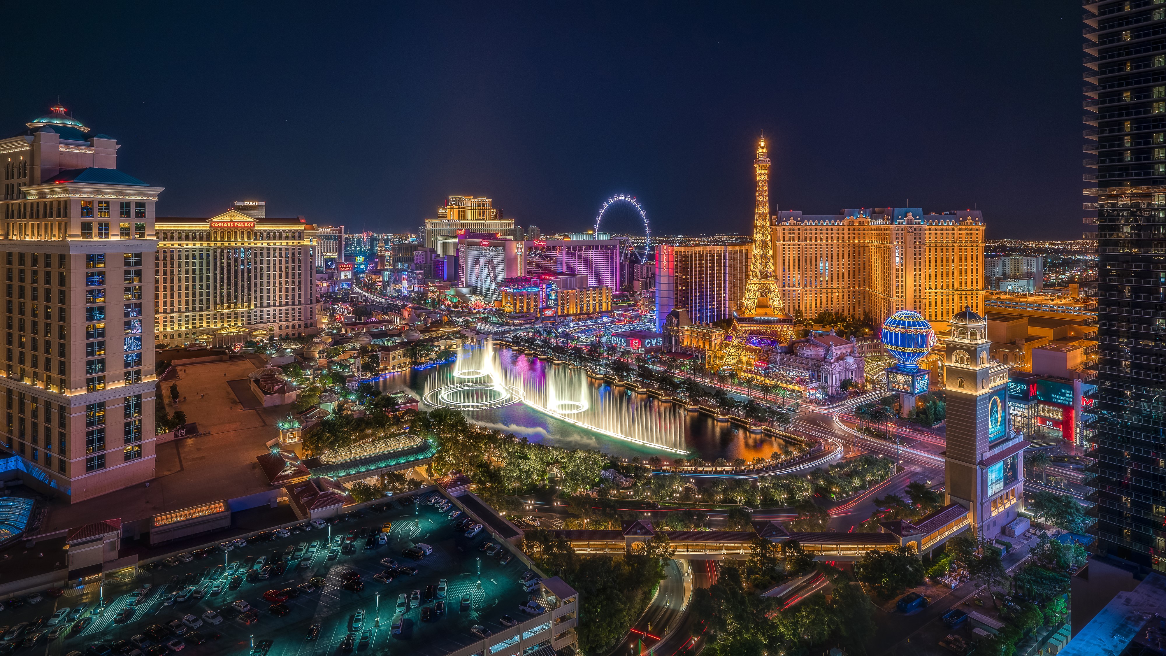 Las Vegas Strip at Night with Bellagio Fountains HD Wallpaper