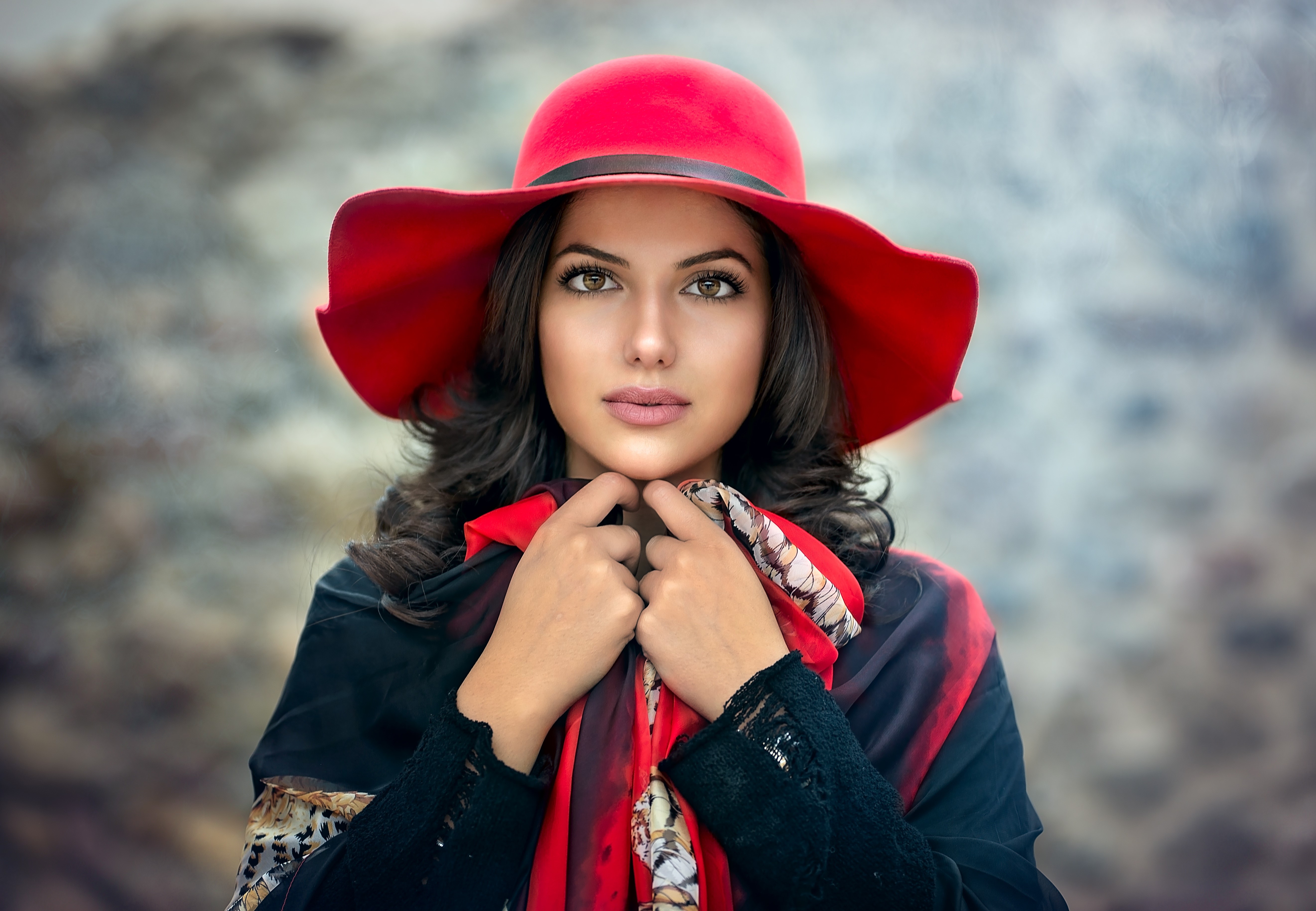 Tanya Markova wearing a red hat and scarf HD Wallpaper